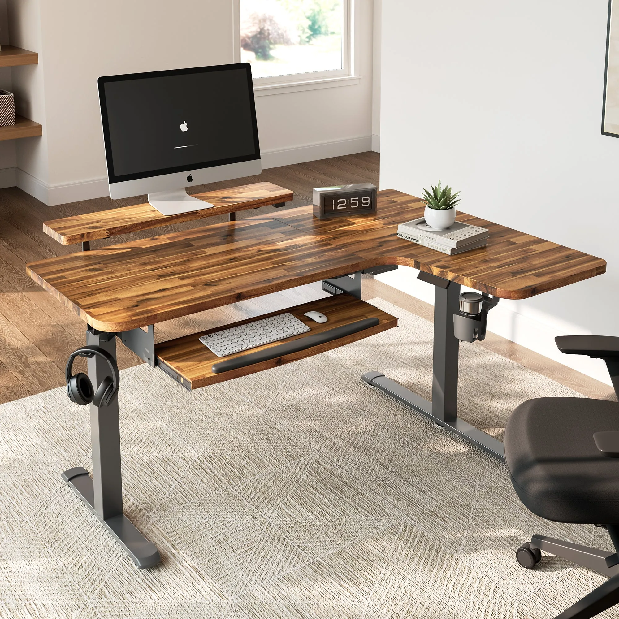L-Shaped Standing Desk with Accessories - Dark Acacia Wood