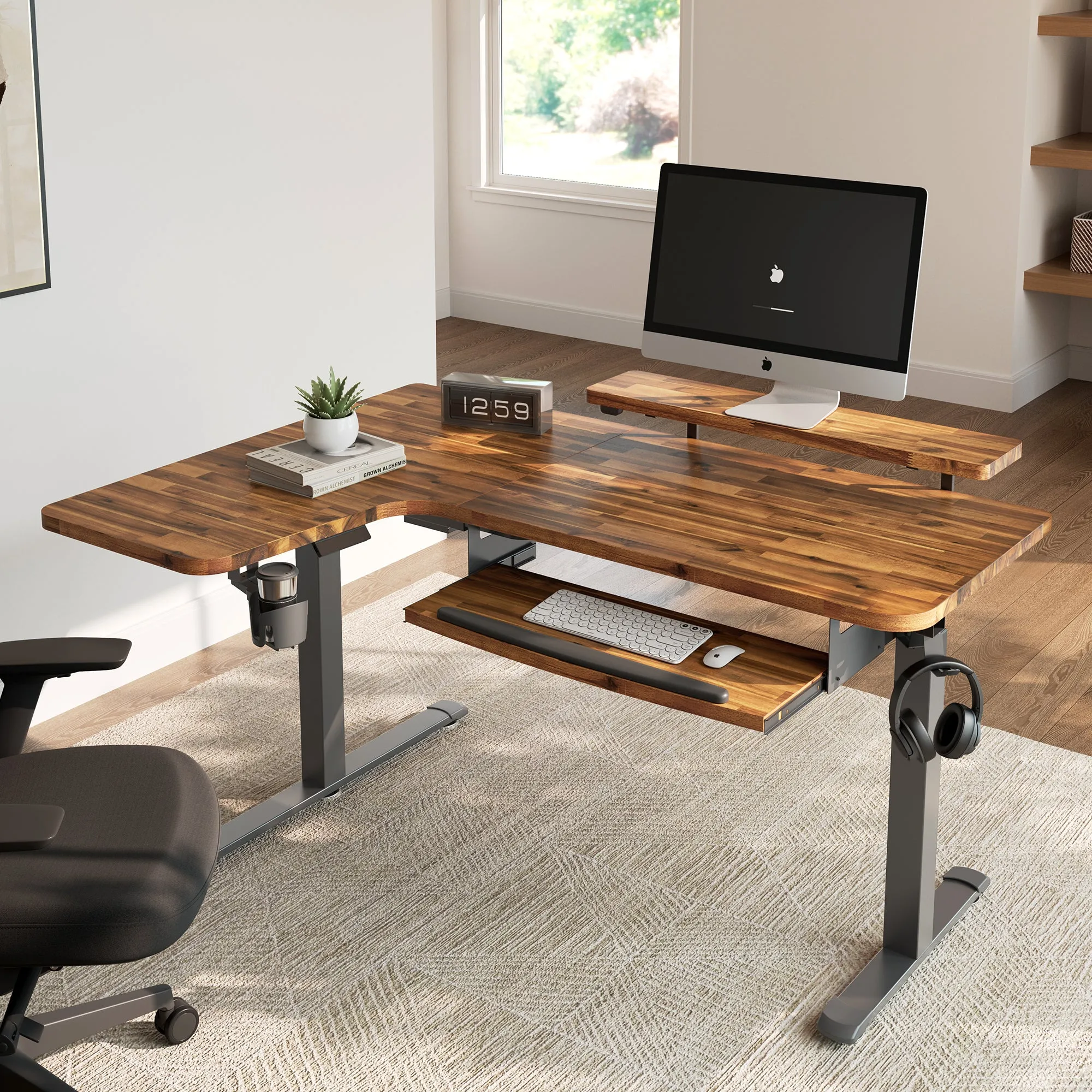 L-Shaped Standing Desk with Accessories - Dark Acacia Wood image