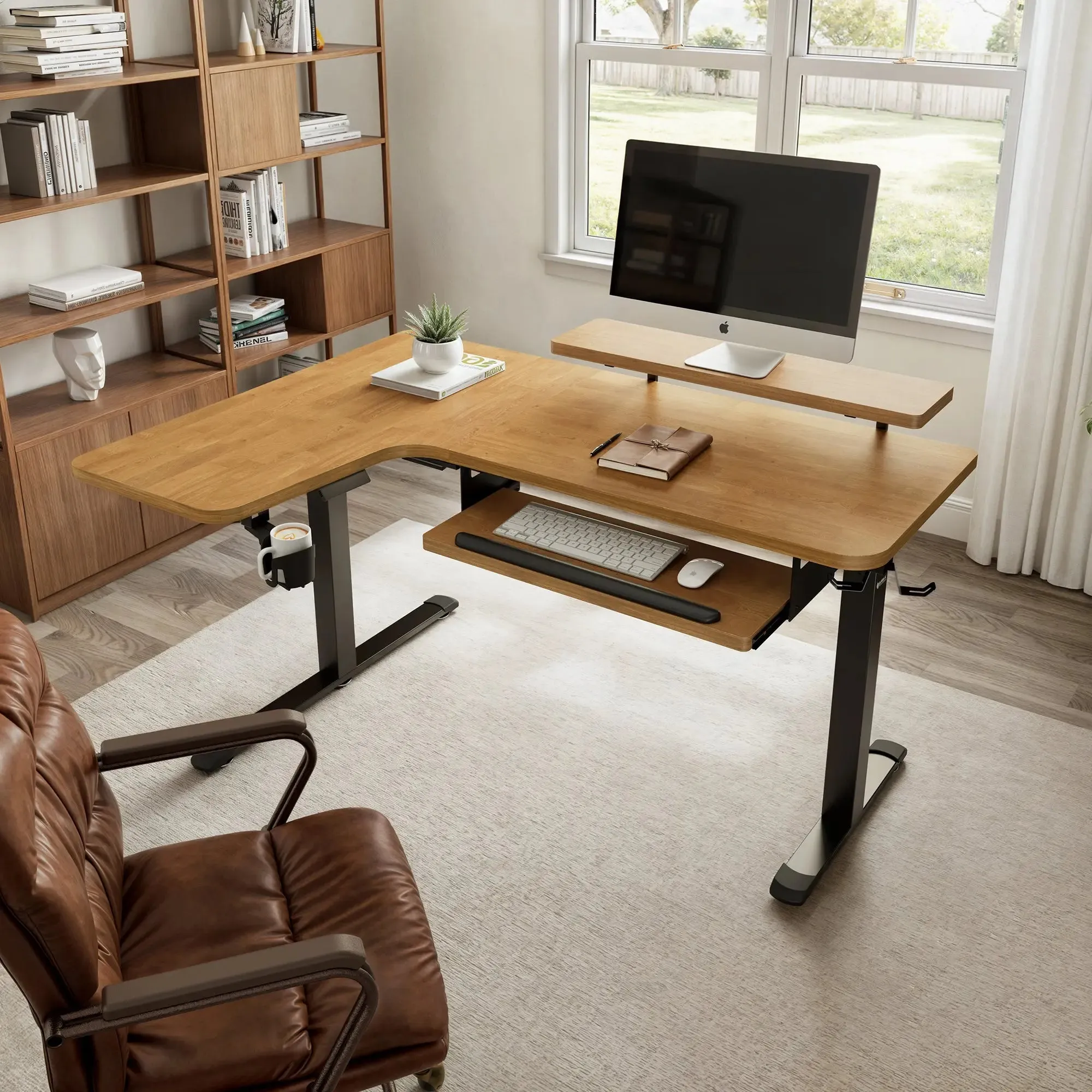 L-Shaped Standing Desk with Accessories - Dark Rubberwood image