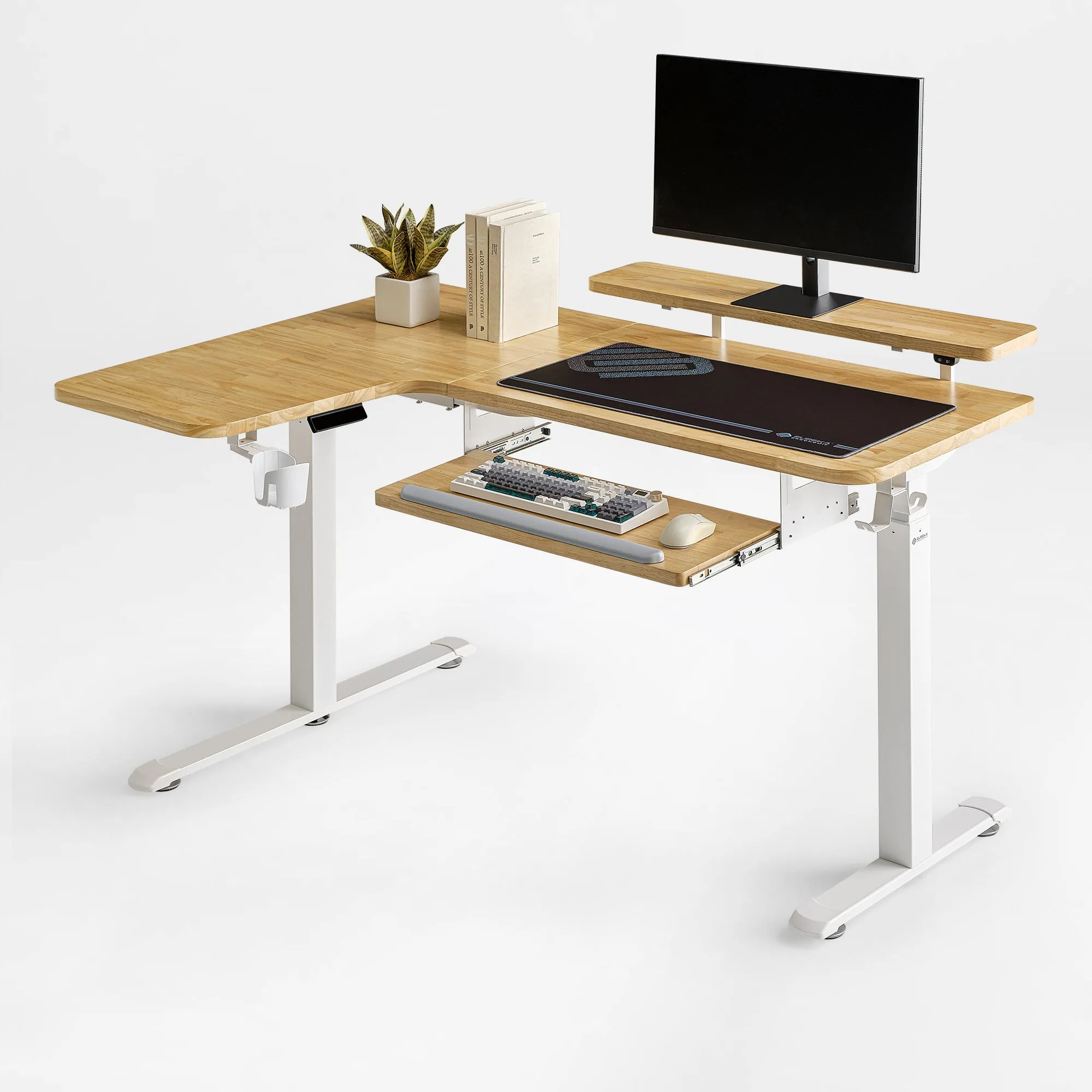 L-Shaped Standing Desk with Accessories - Light Rubberwood