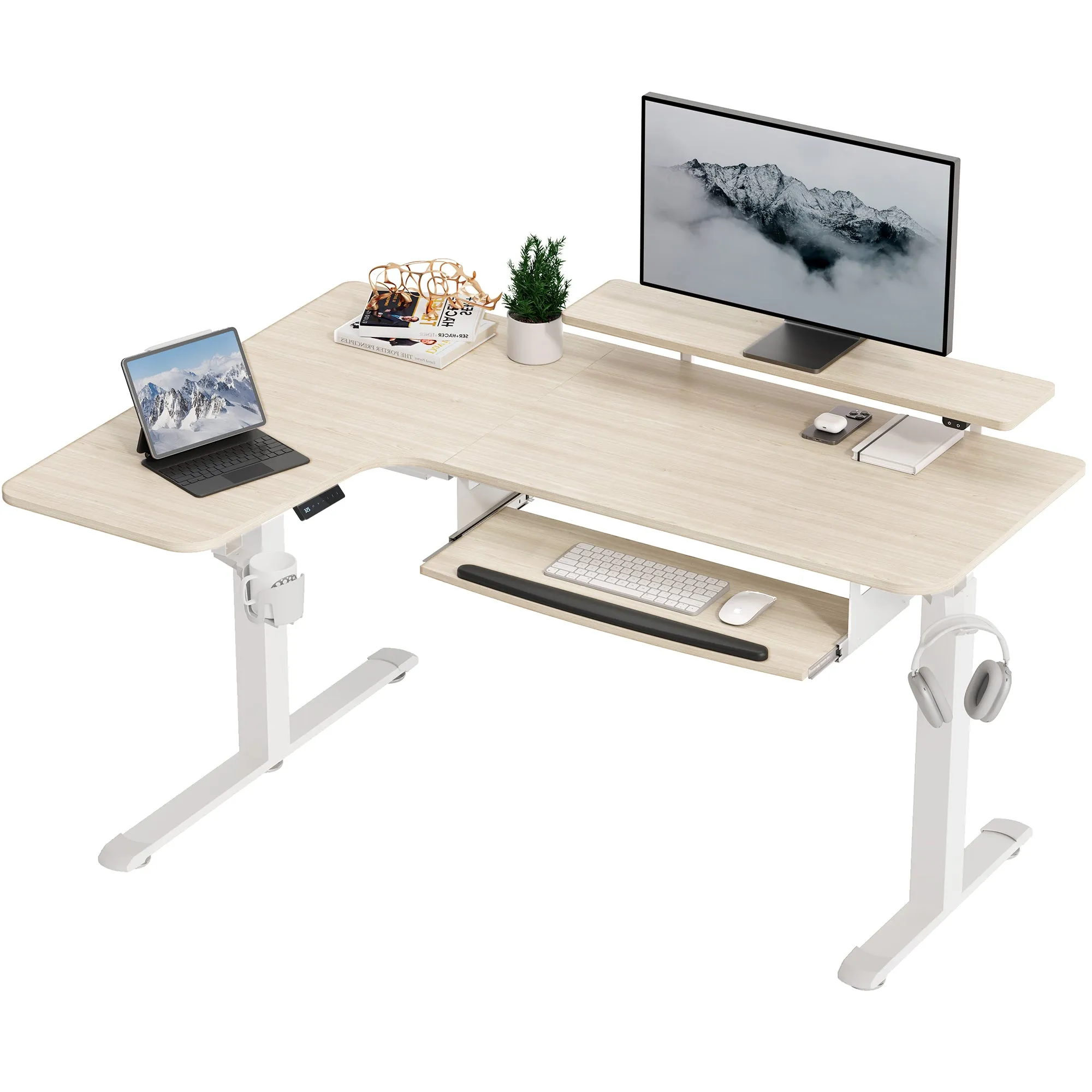 L-Shaped Standing Desk with Accessories - Maple