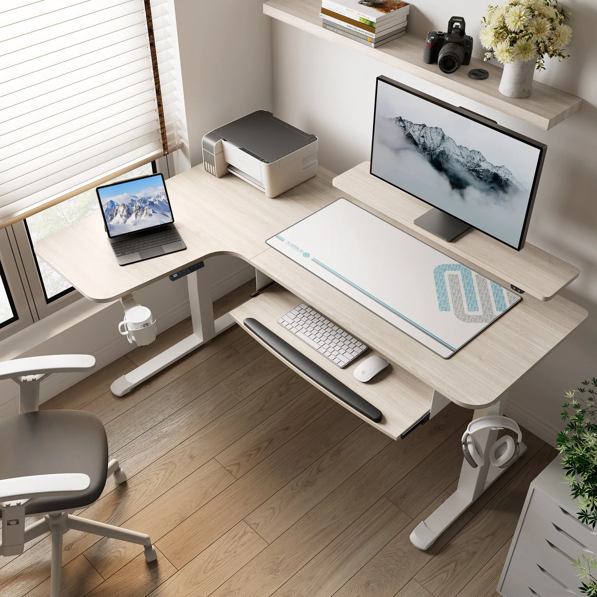 L-Shaped Standing Desk with Accessories - Maple