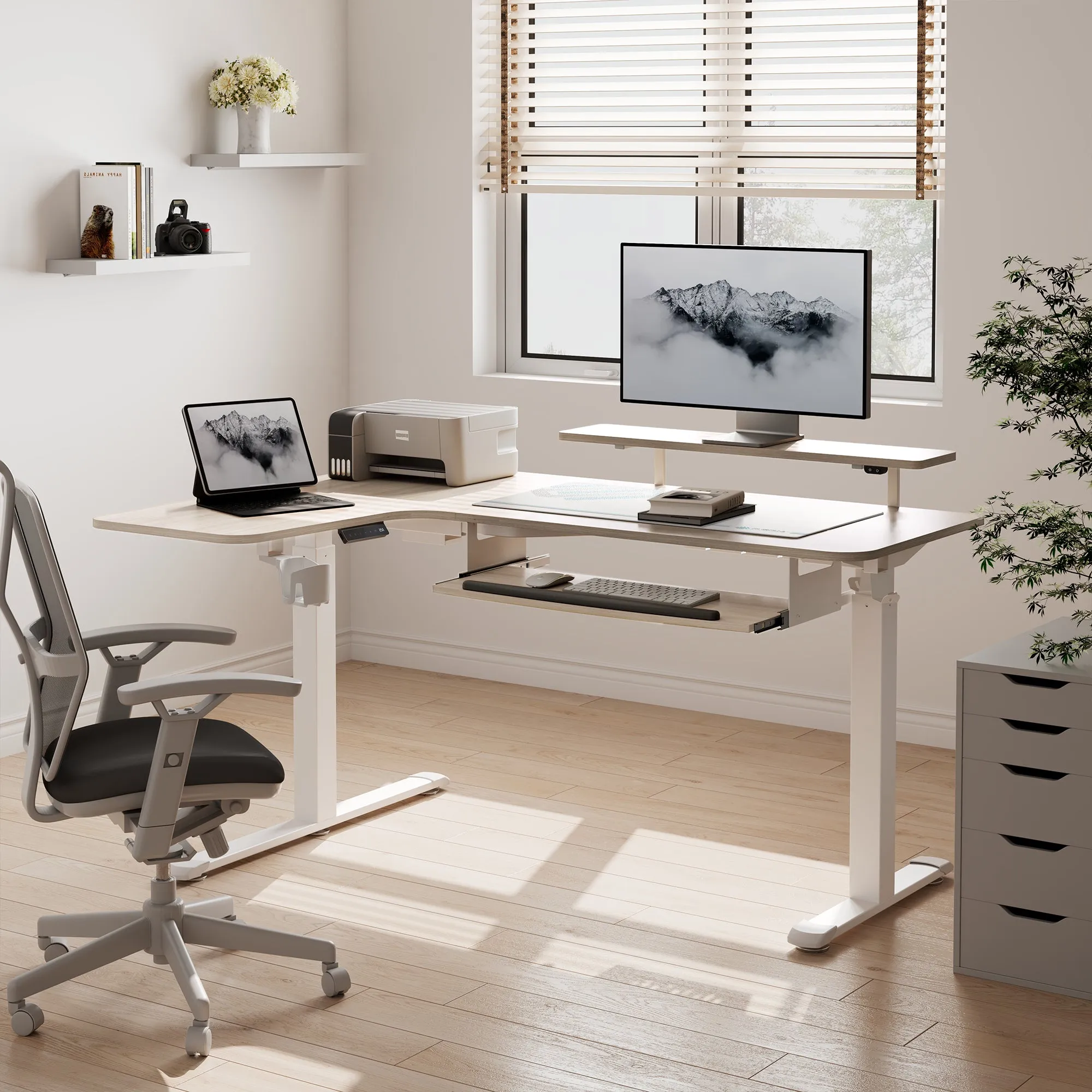 L-Shaped Standing Desk with Accessories - Maple