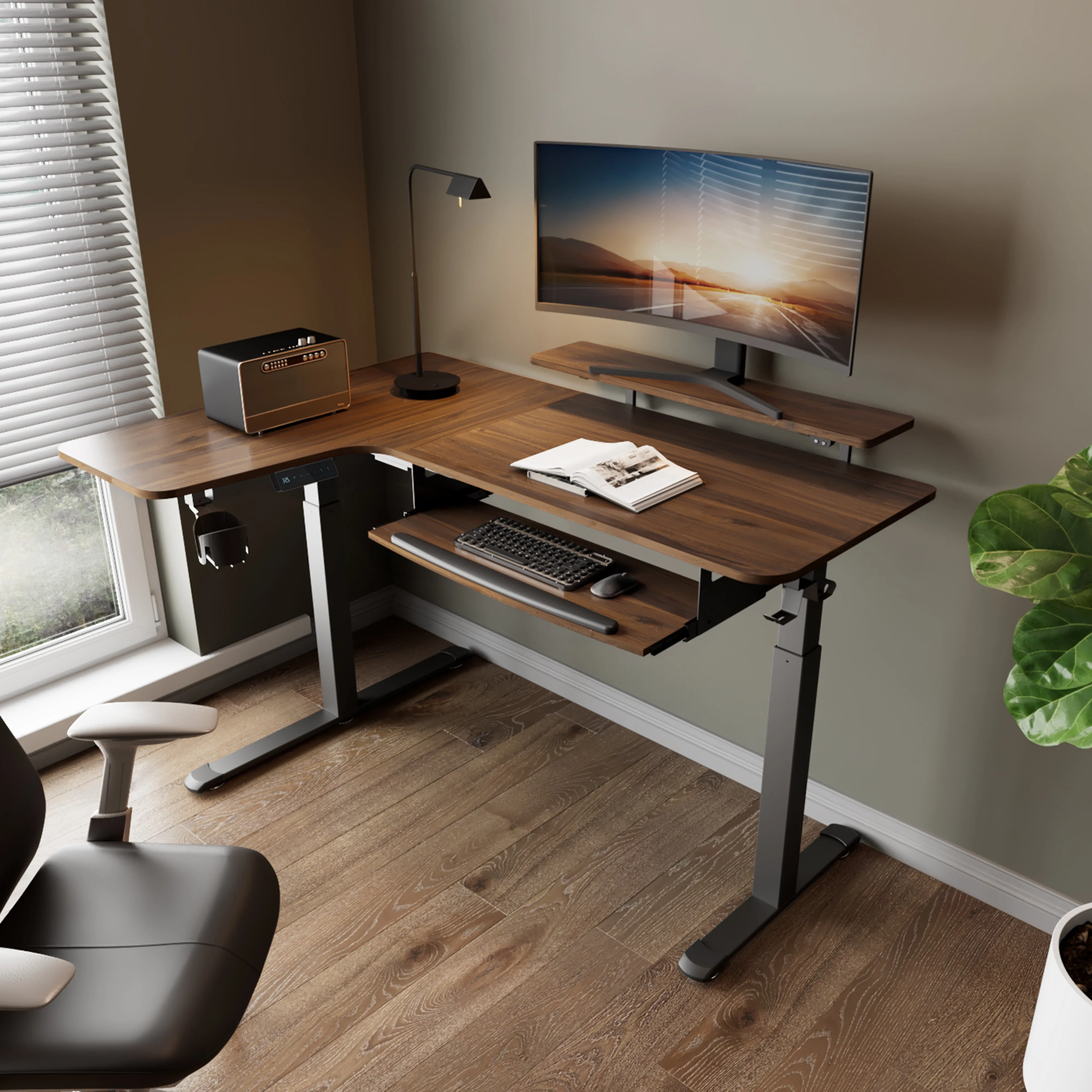 L-Shaped Standing Desk with Accessories - Walnut
