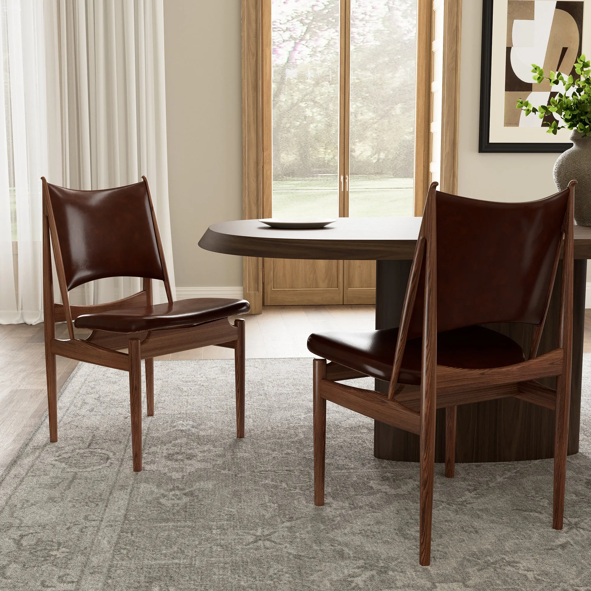 Lavish Solid Wood Dining Side Chairs Set of 2 - Brown, Leather