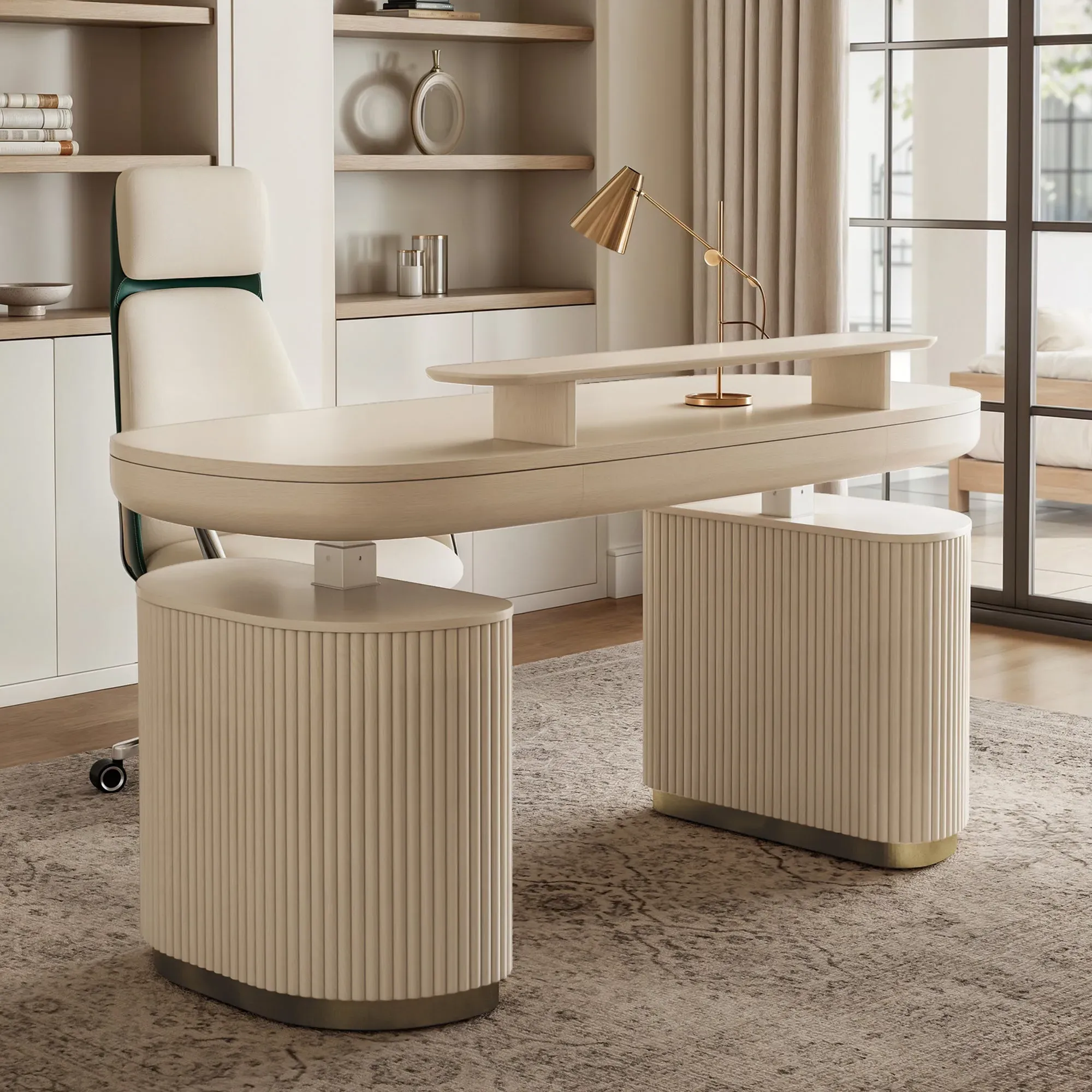 Opal Office Desk Height-Adjustable with Storage - Cream, Birch Wood