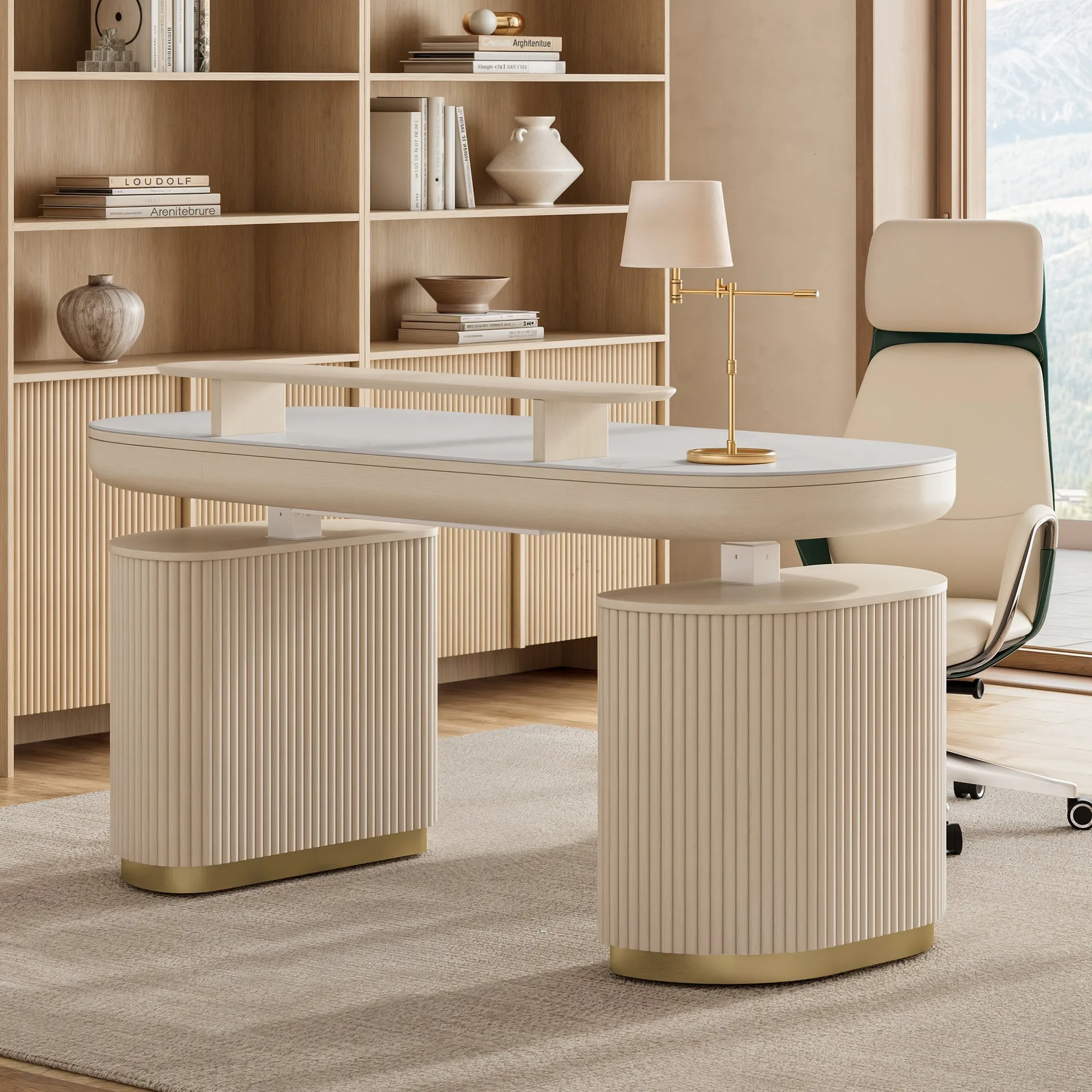 Opal Office Desk Height-Adjustable with Storage - Cream, Sintered Stone