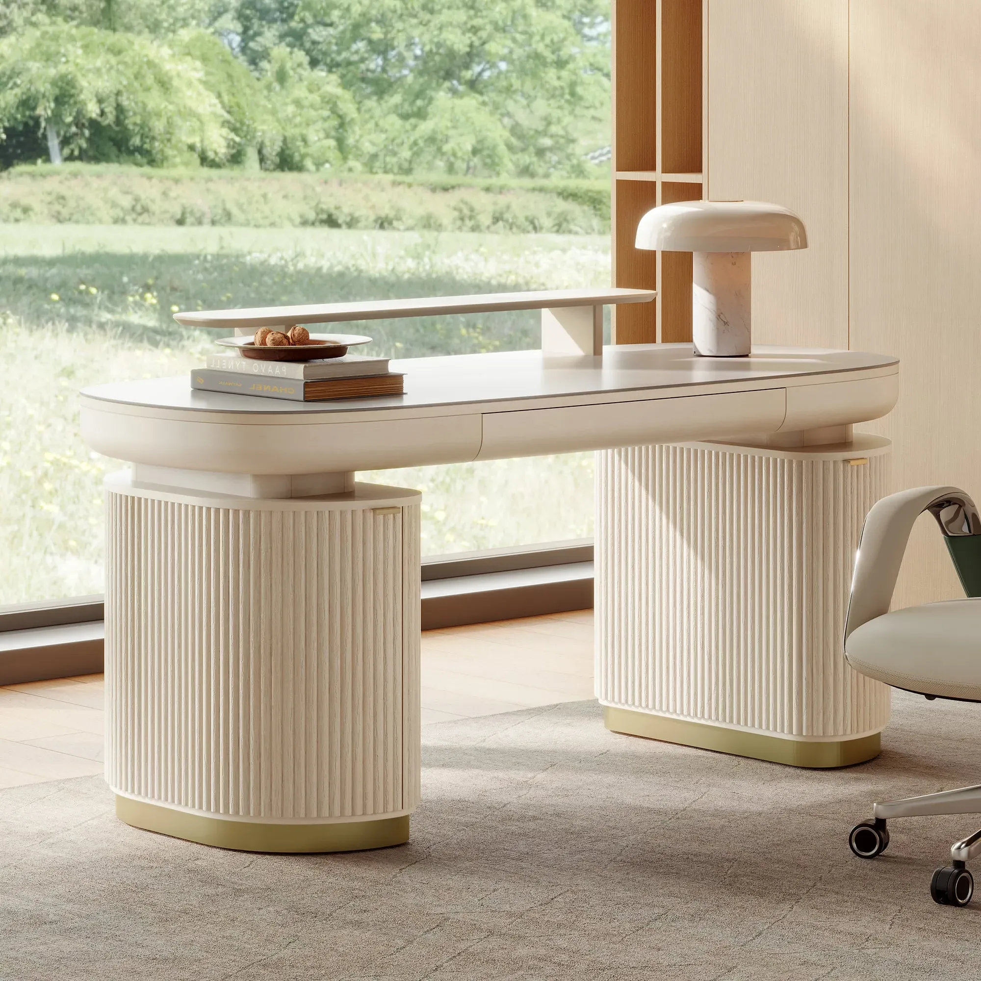 Opal Office Desk with Storage - Cream, Sintered Stone image