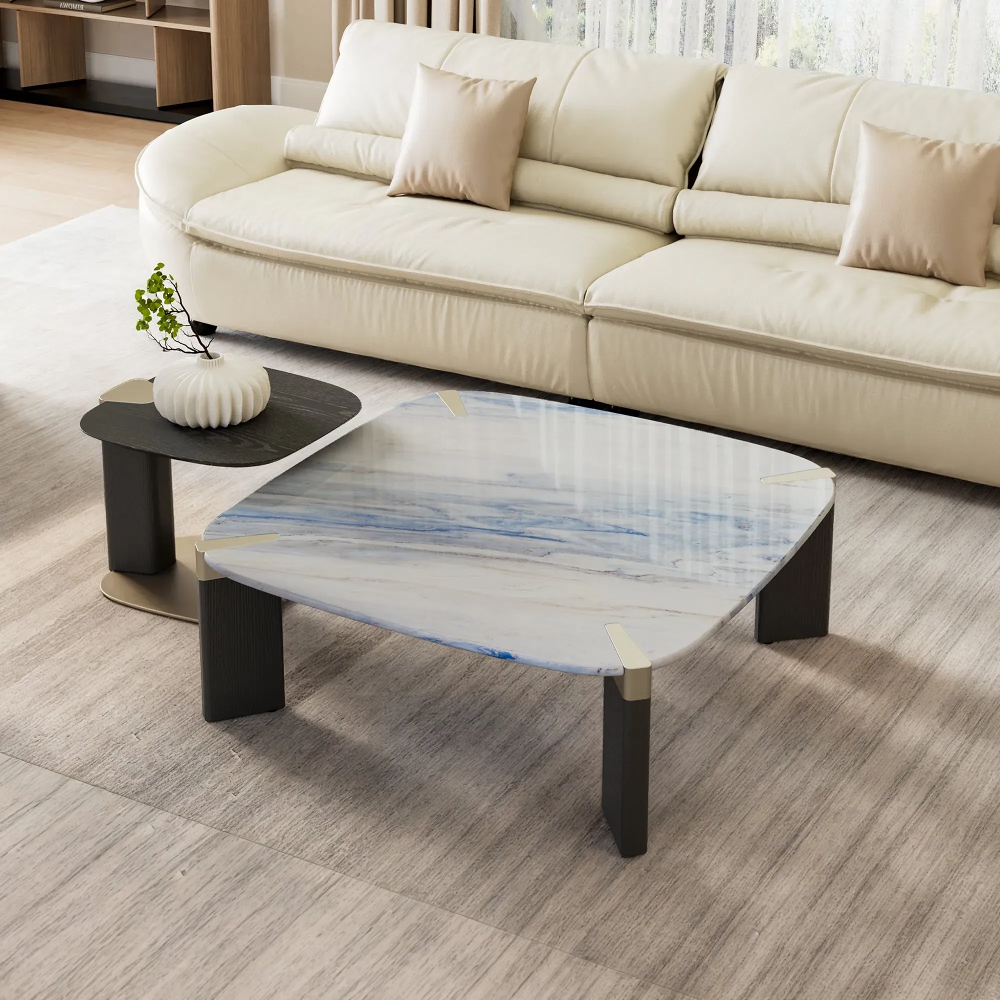 Prada Rectangle Coffee Table with Side Table Set - Blue, Marble