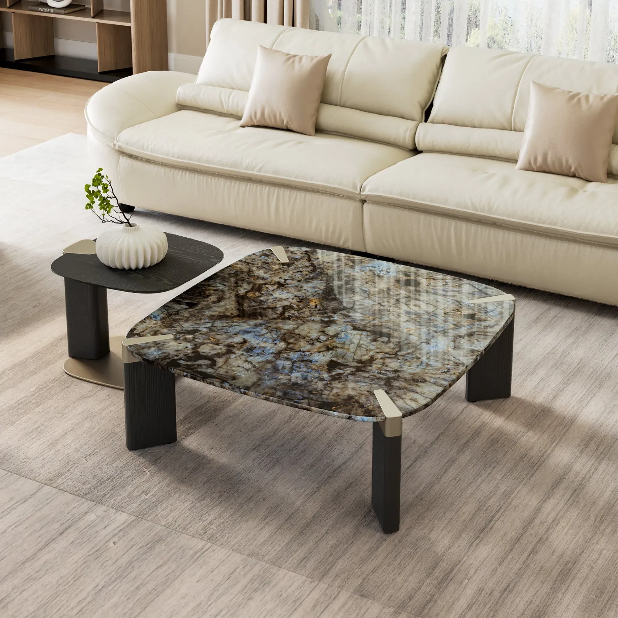 Prada Rectangle Coffee Table with Side Table Set - Blue, Marble image