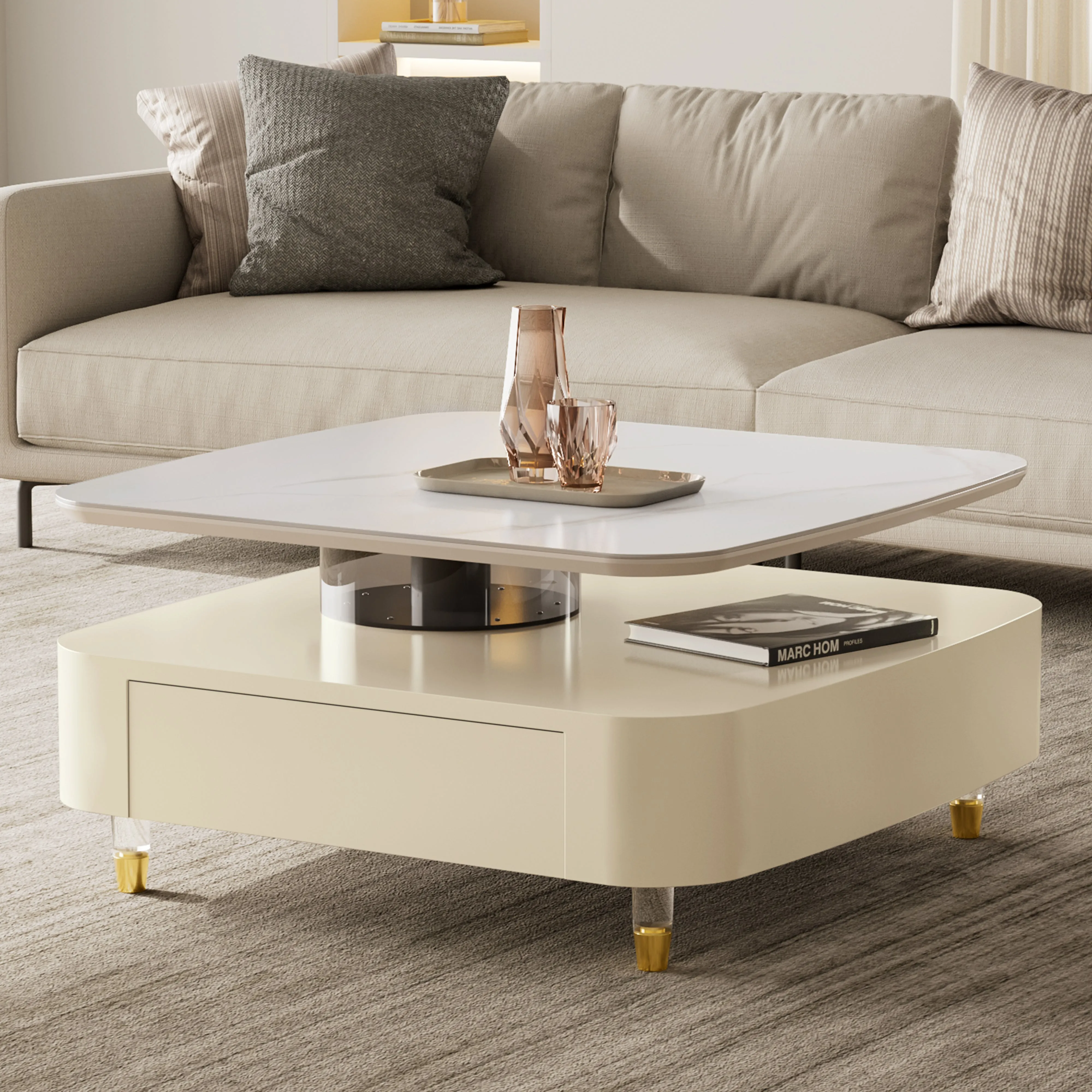 Rotating Coffee Table with Drawers - Creamy White