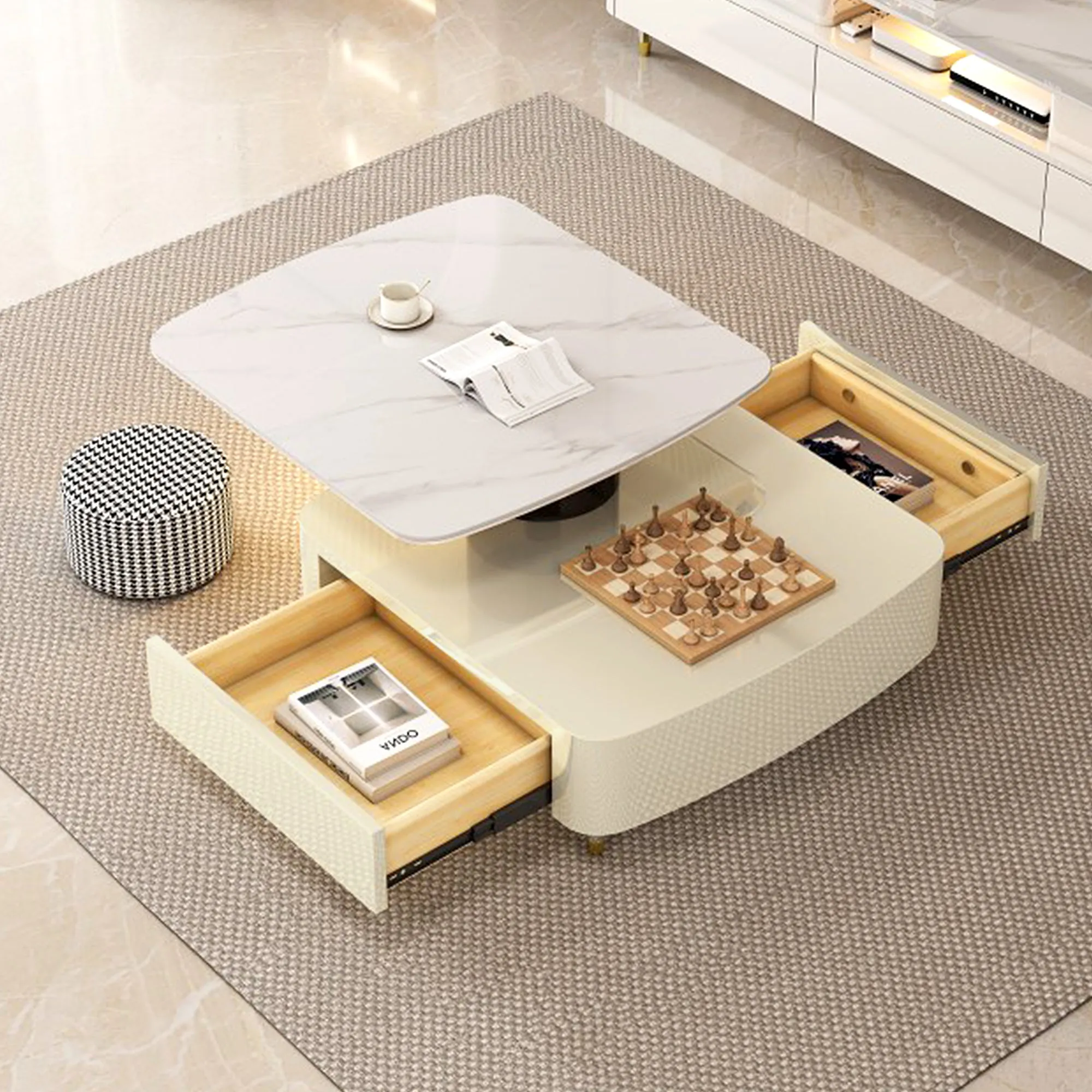 Rotating Coffee Table with Drawers - Creamy White