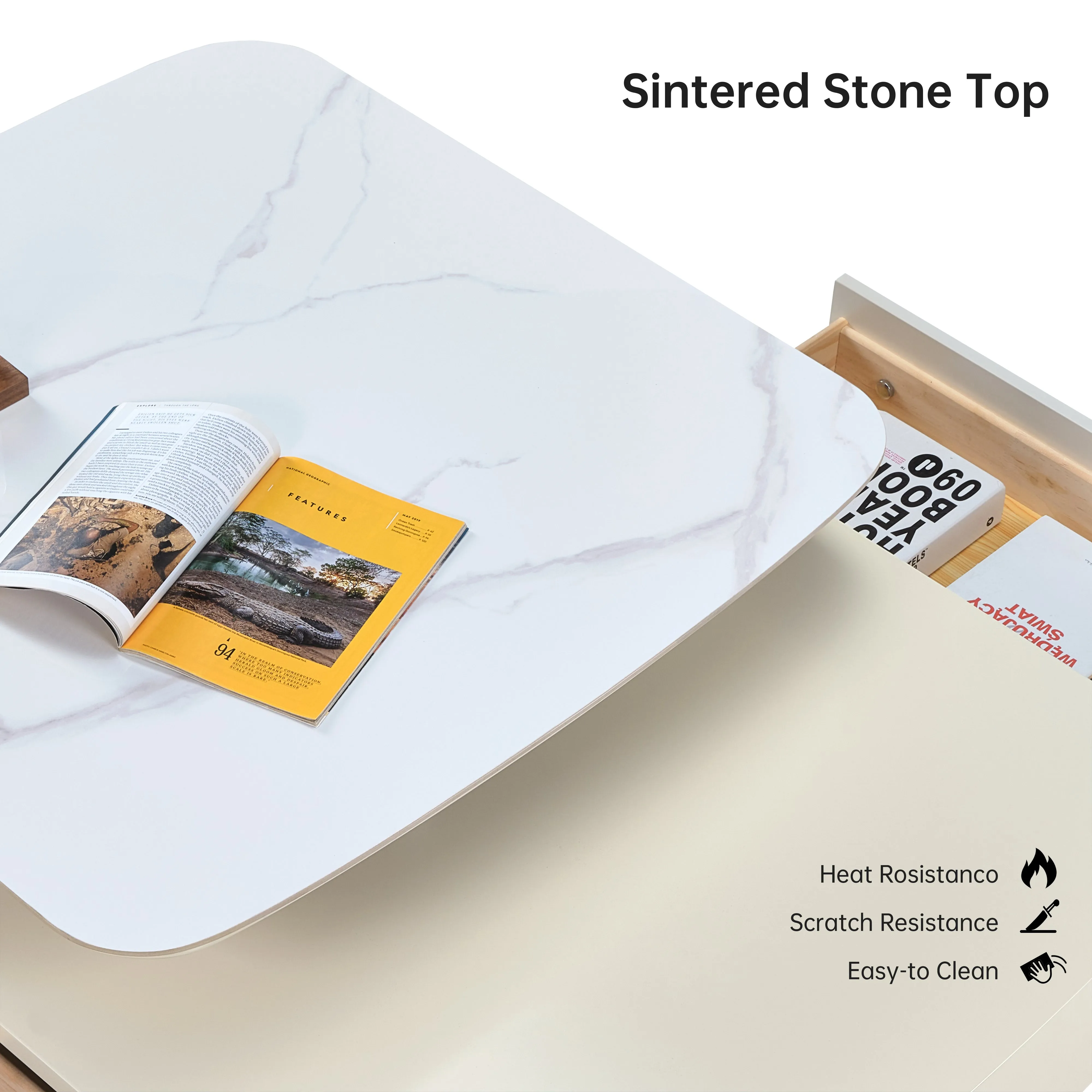 Rotating Coffee Table with Drawers - Creamy White