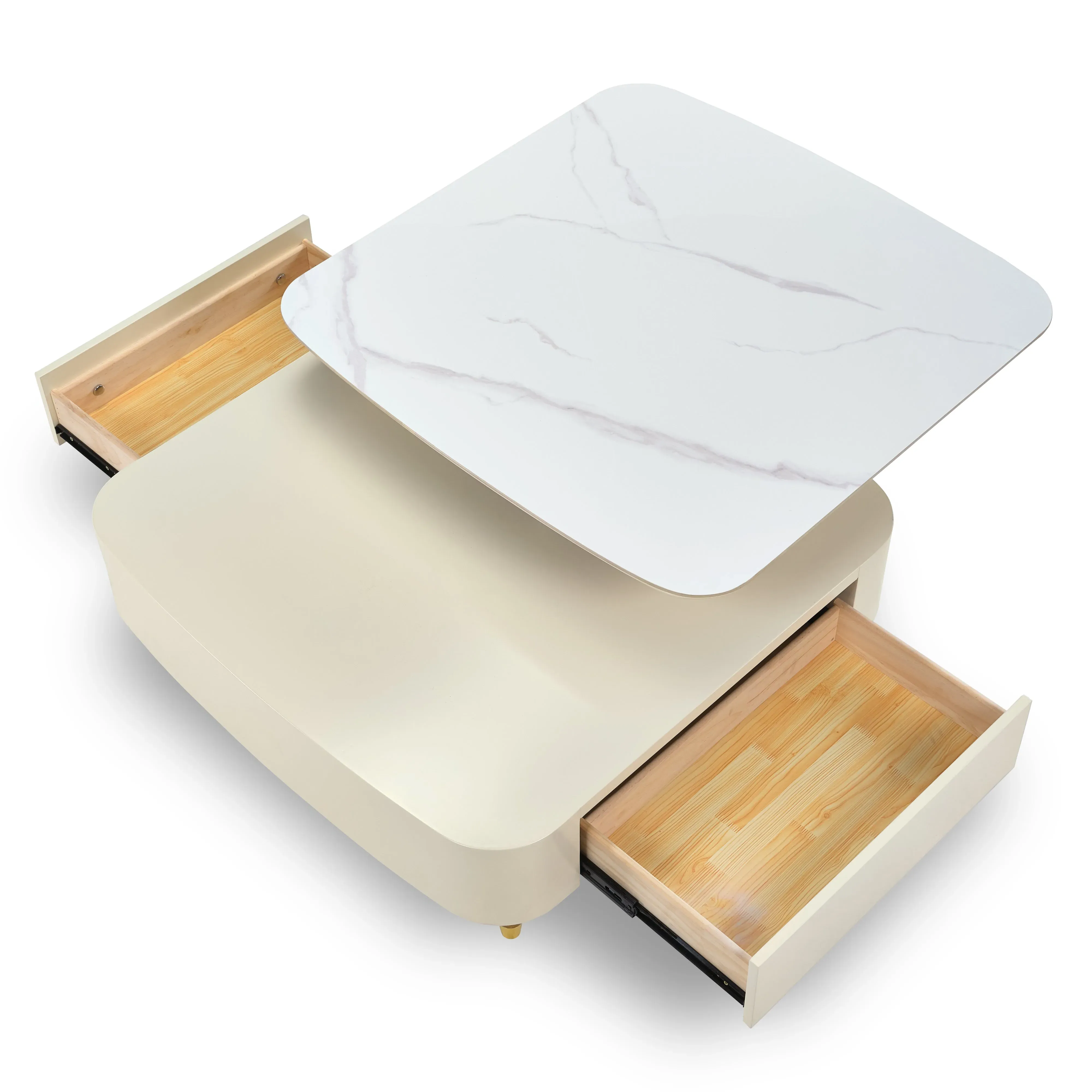 Rotating Coffee Table with Drawers - Creamy White