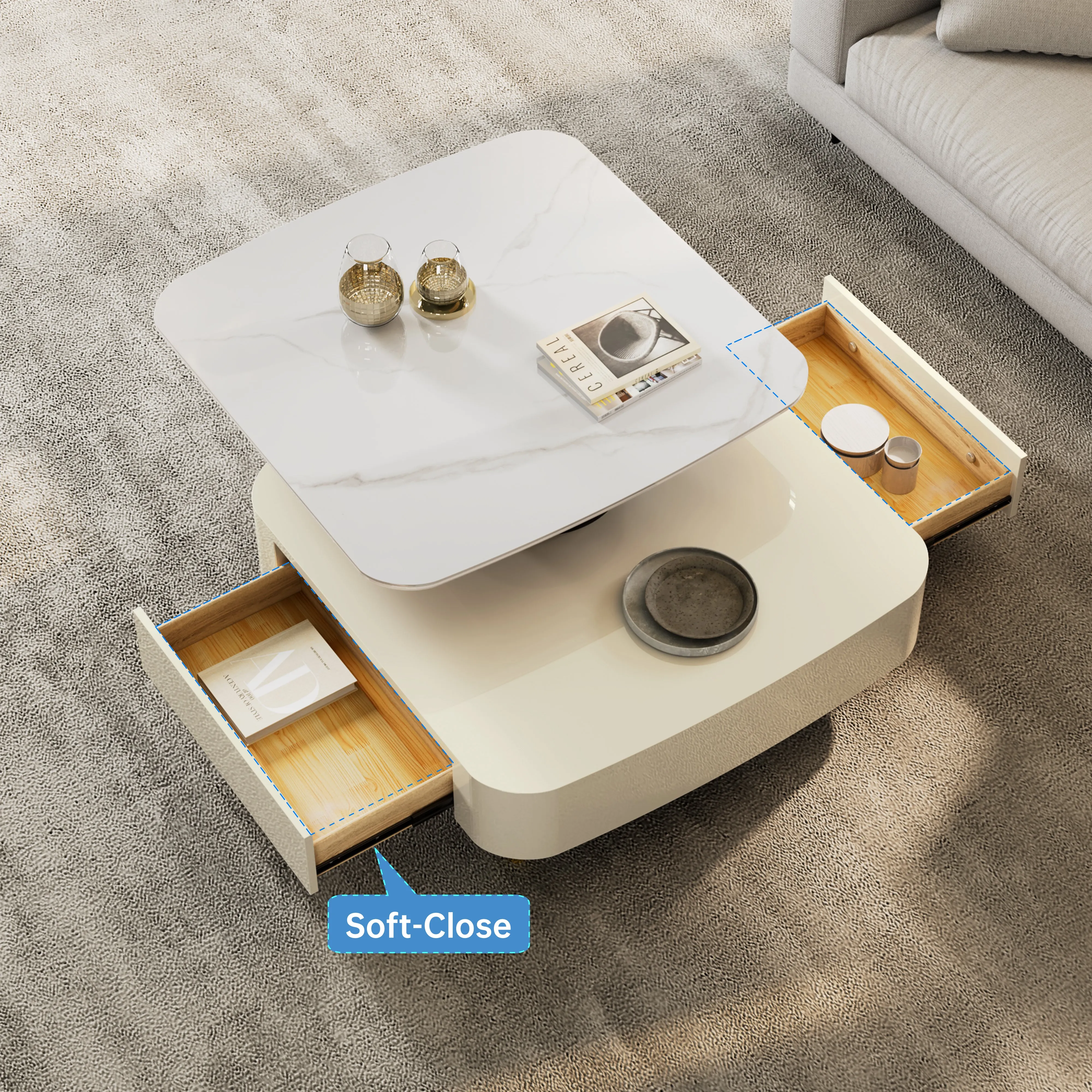 Rotating Coffee Table with Drawers - Creamy White