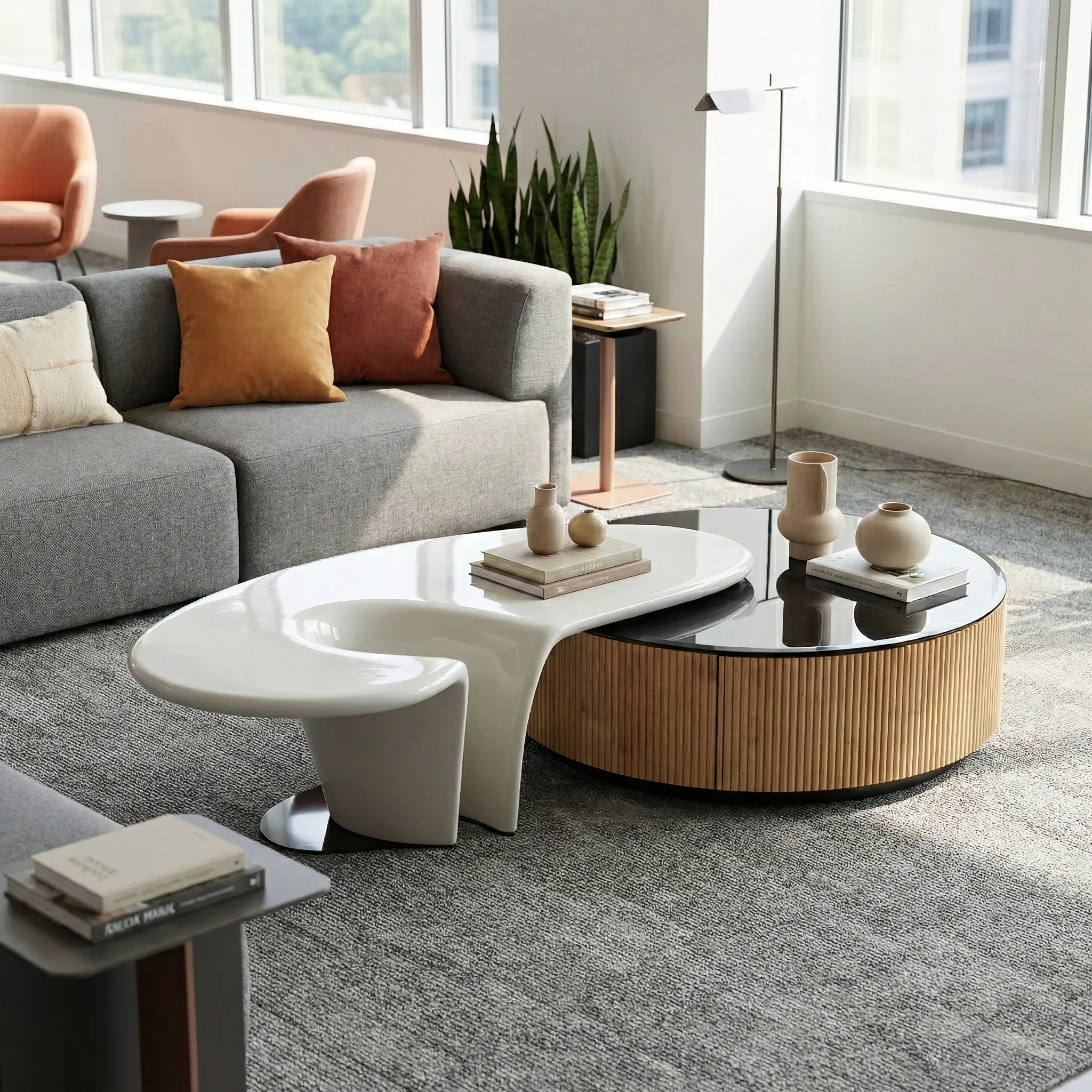 Round Coffee Table & Side Table Set - White, Black alternate view
