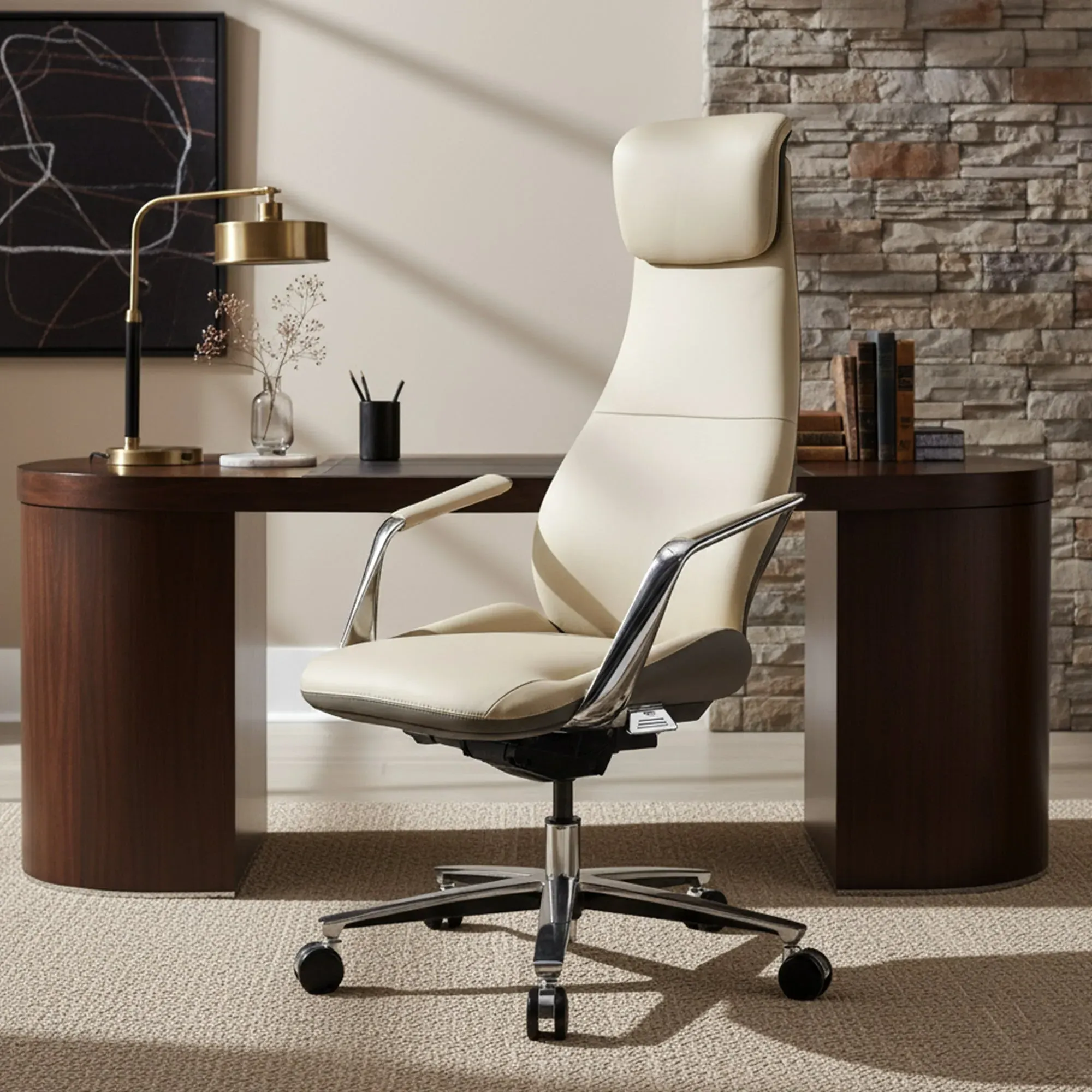 Serene Aaron High-Back Executive Chair - Off-White, Genuine Leather