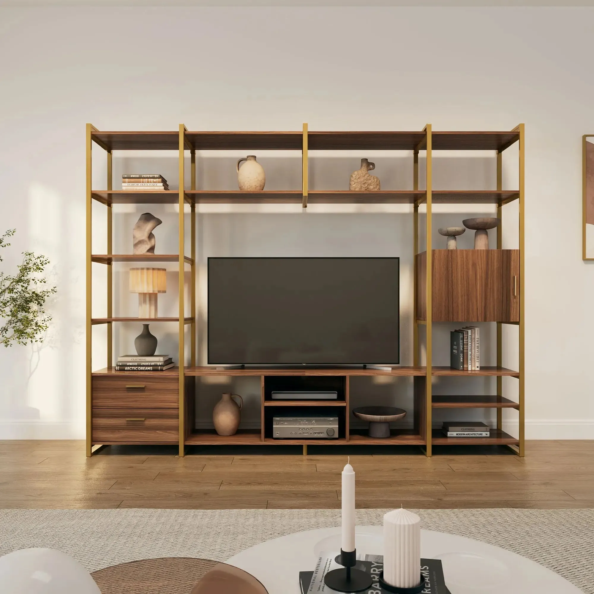 Sonoma TV Stand with Storage Cabinet & Shelves - Walnut & Brass product