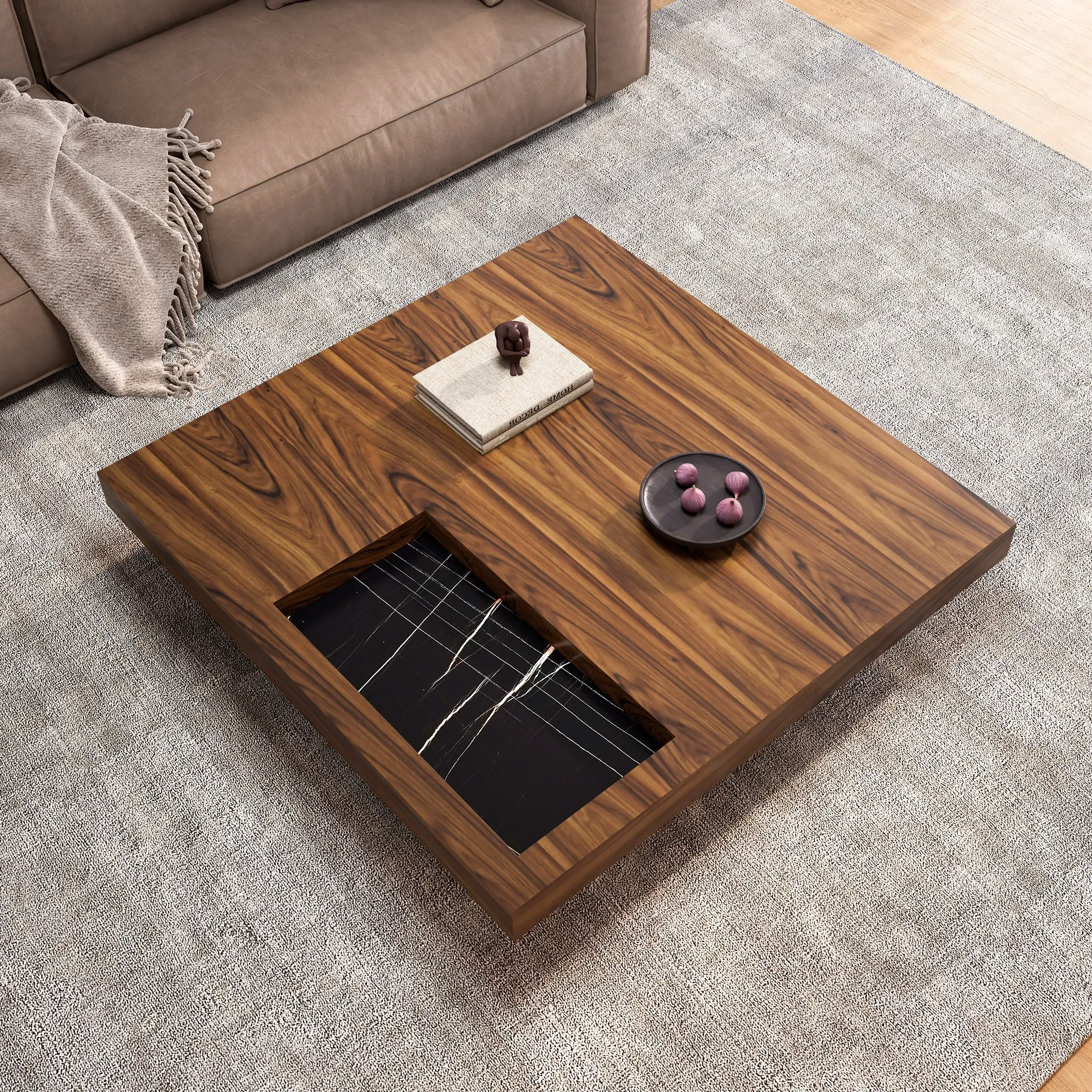 Square Coffee Table with Sunken Desktop - Wood