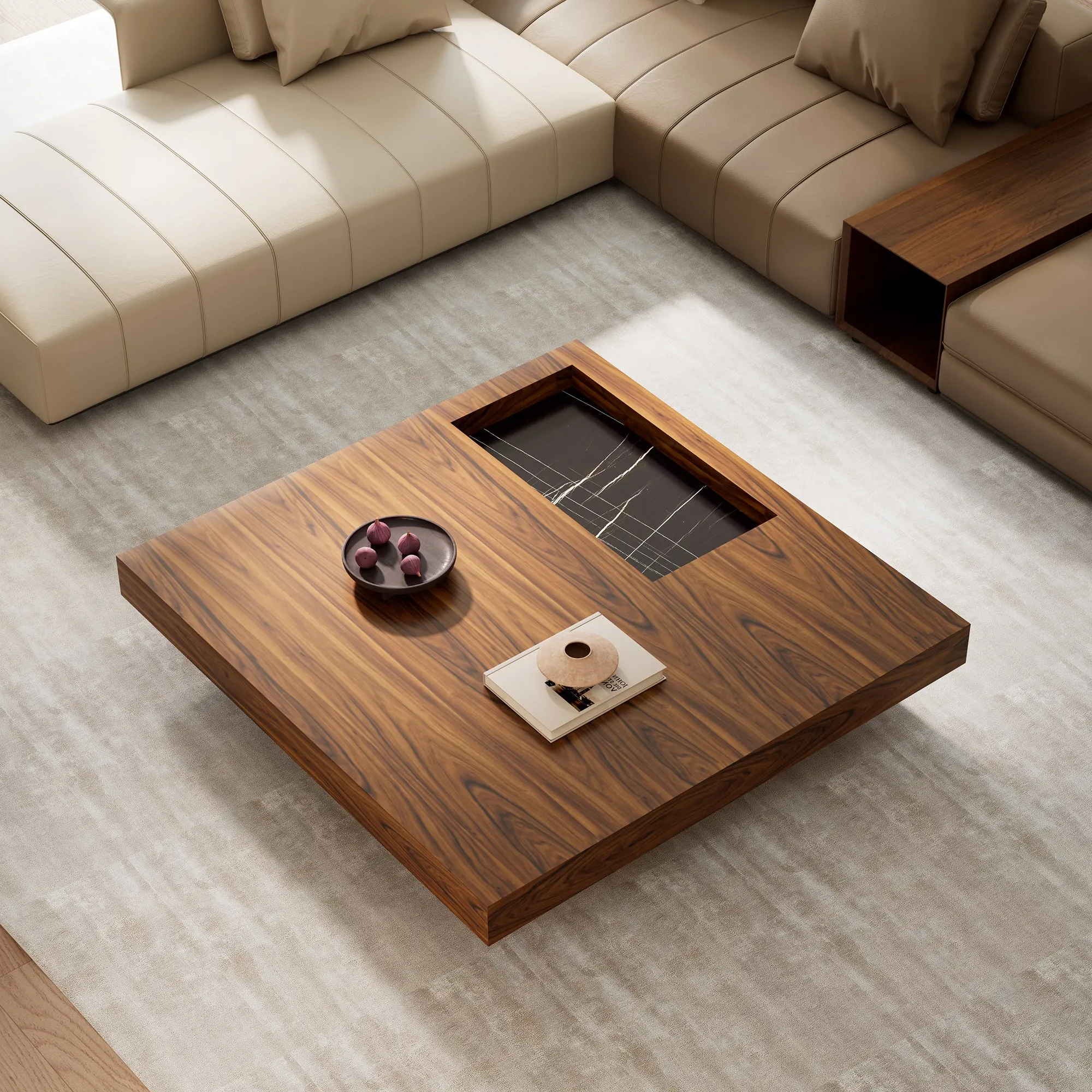 Square Coffee Table with Sunken Desktop - Wood