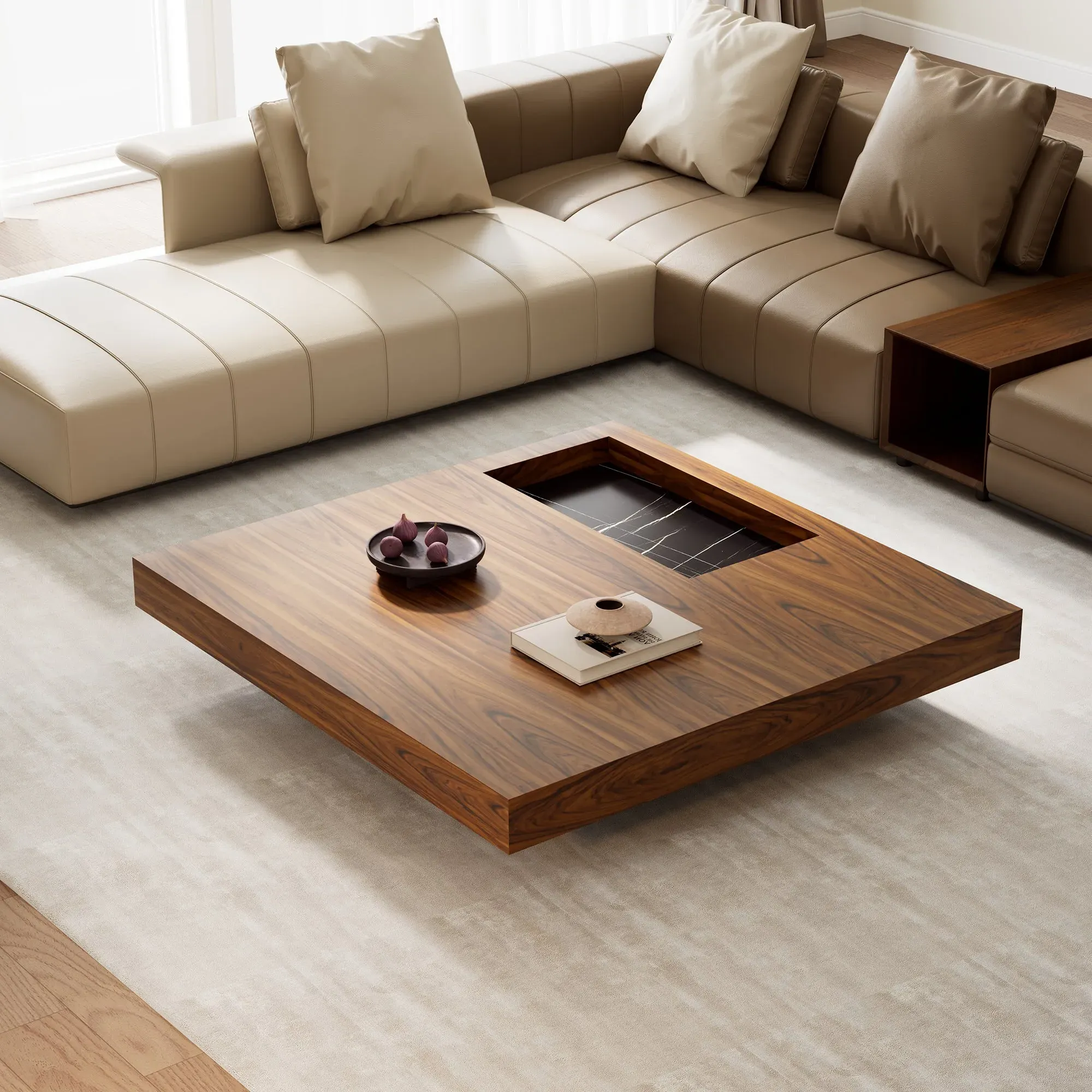 Square Coffee Table with Sunken Desktop - Wood