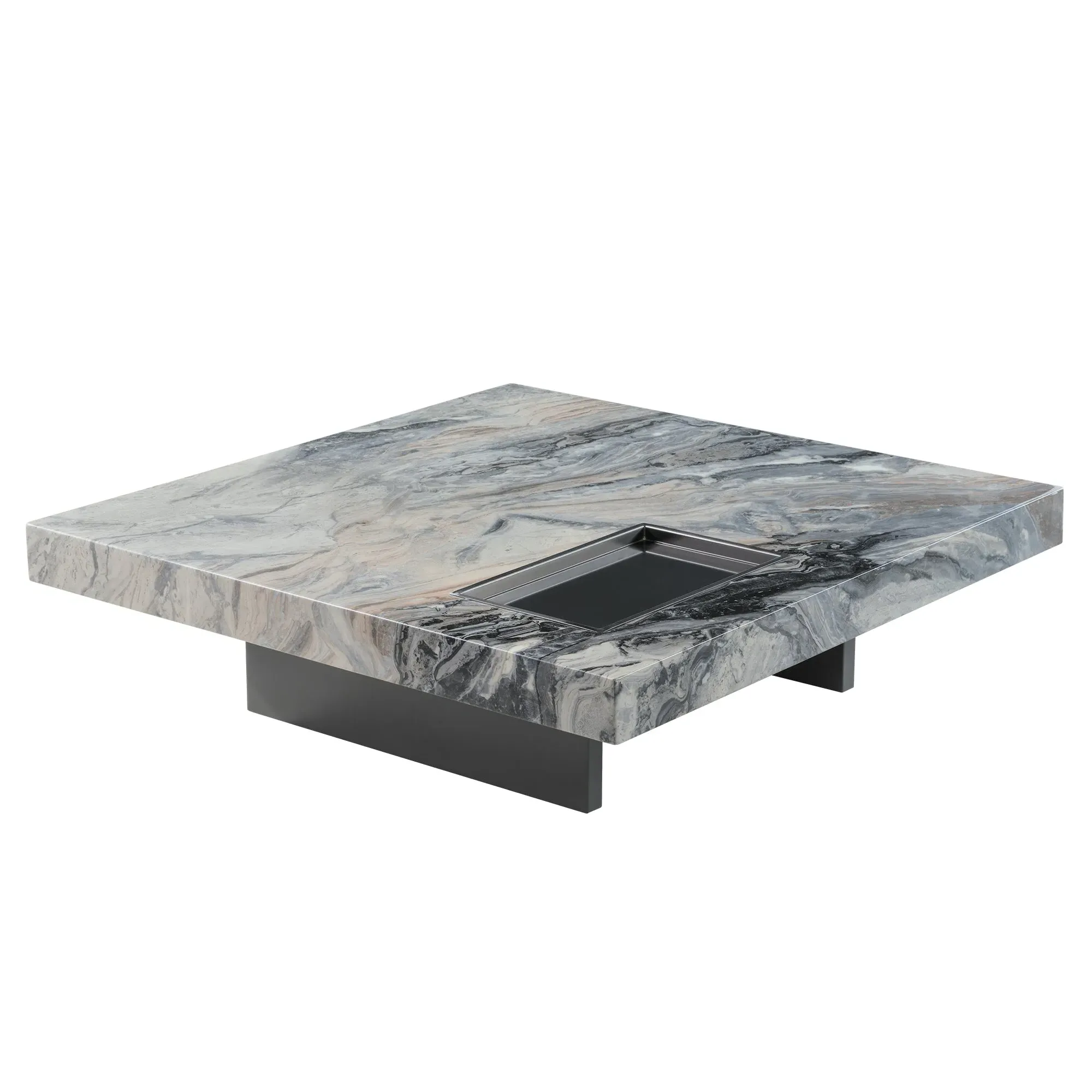 Square Marble Coffee Table with Sunken Desktop - Black