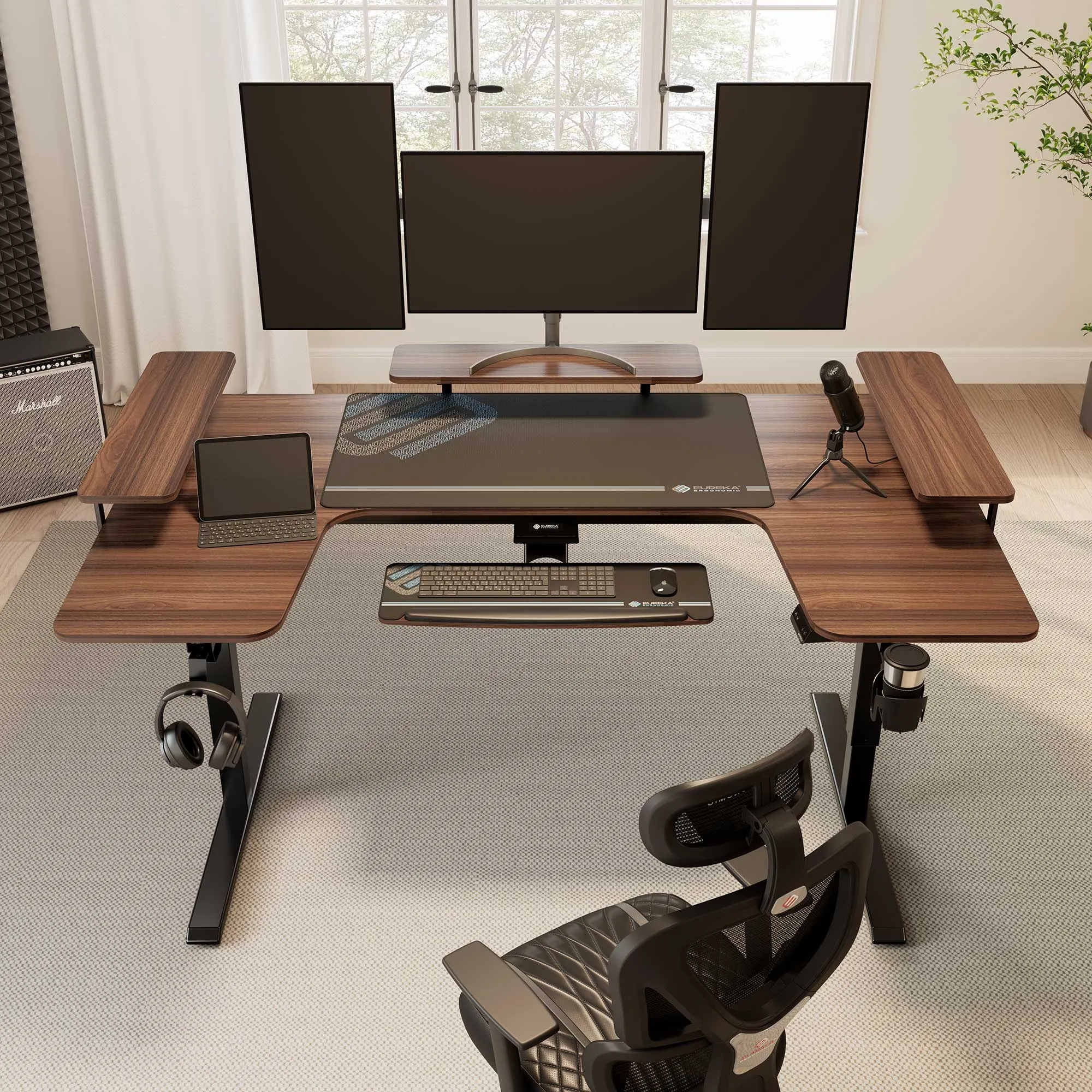 U-Shaped Standing Desk with Accessories Set - Walnut