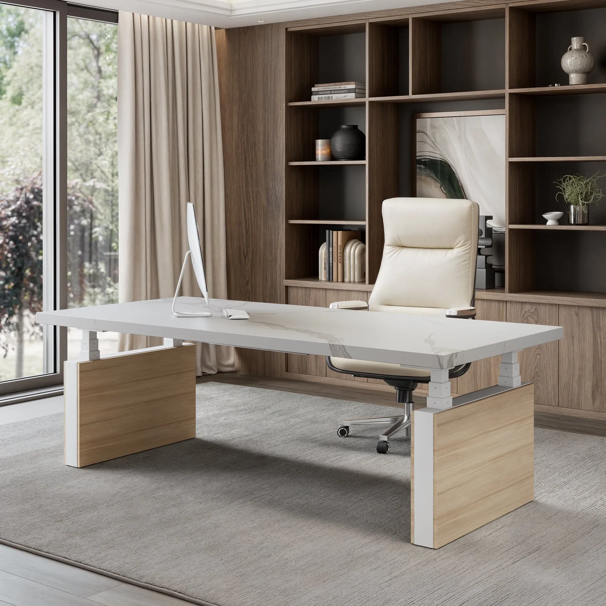 Zen Pro Standing Desk with Storage - White & Maple, Sintered Stone by Eureka Ergonomic