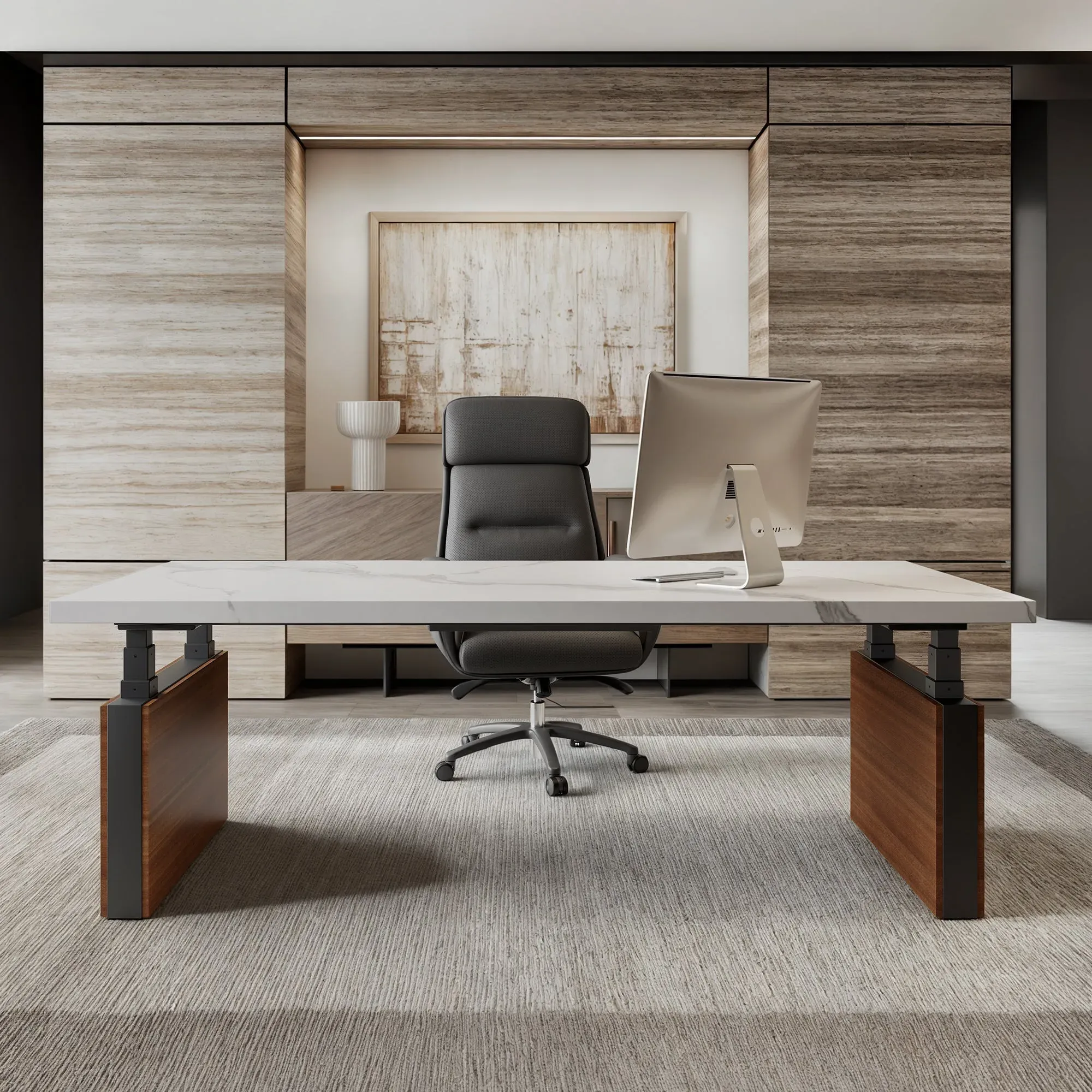 Zen Pro Standing Desk with Storage - White, Sintered Stone