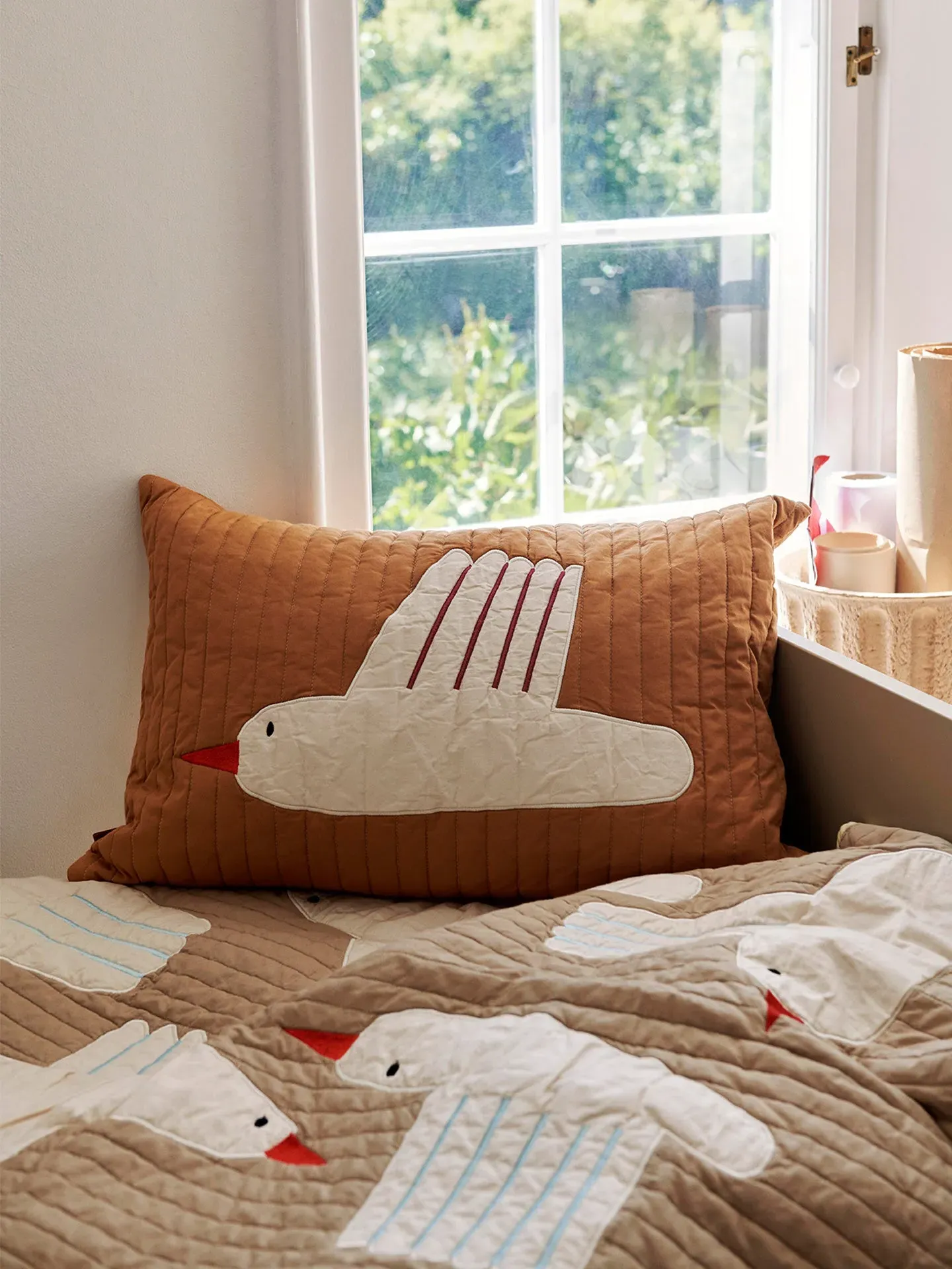 Bird Quilted Rectangular Cushion - Sugar Kelp