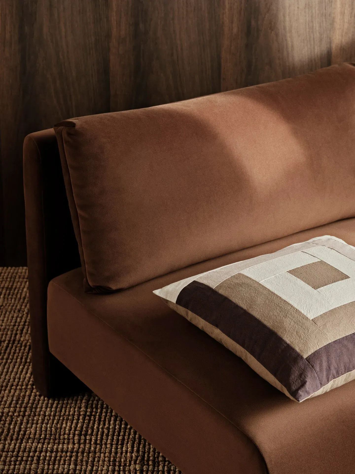 Border Patchwork Cushion - Coffee, Organic Cotton