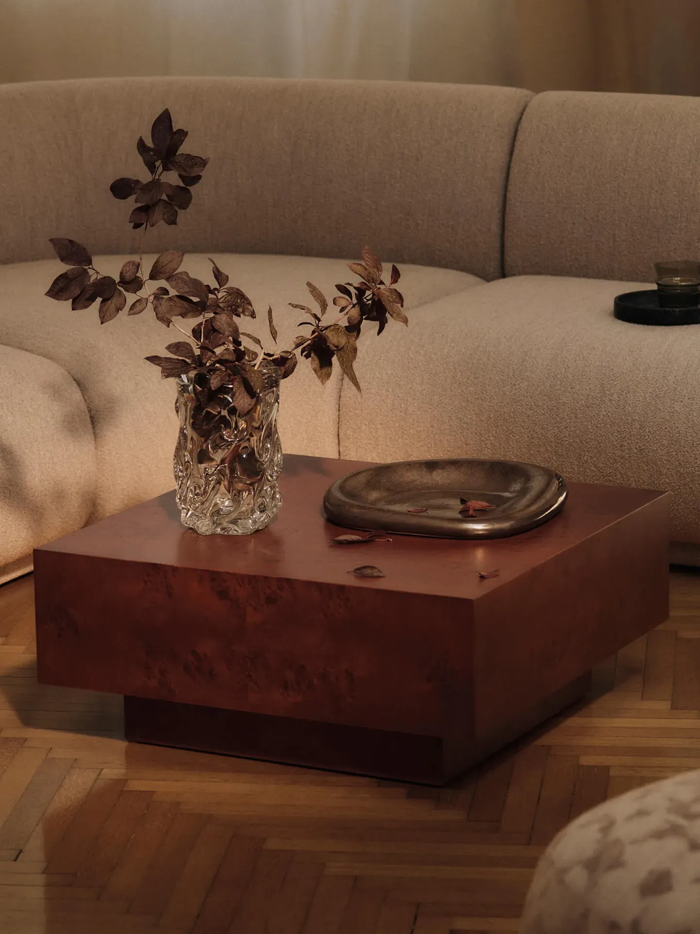 Burl Square Storage Coffee Table - Dark Stained Burl