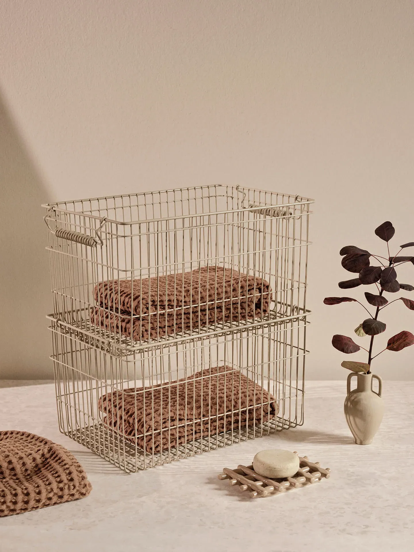 Cala Stackable Storage Baskets Set of 2 - Cashmere, Iron