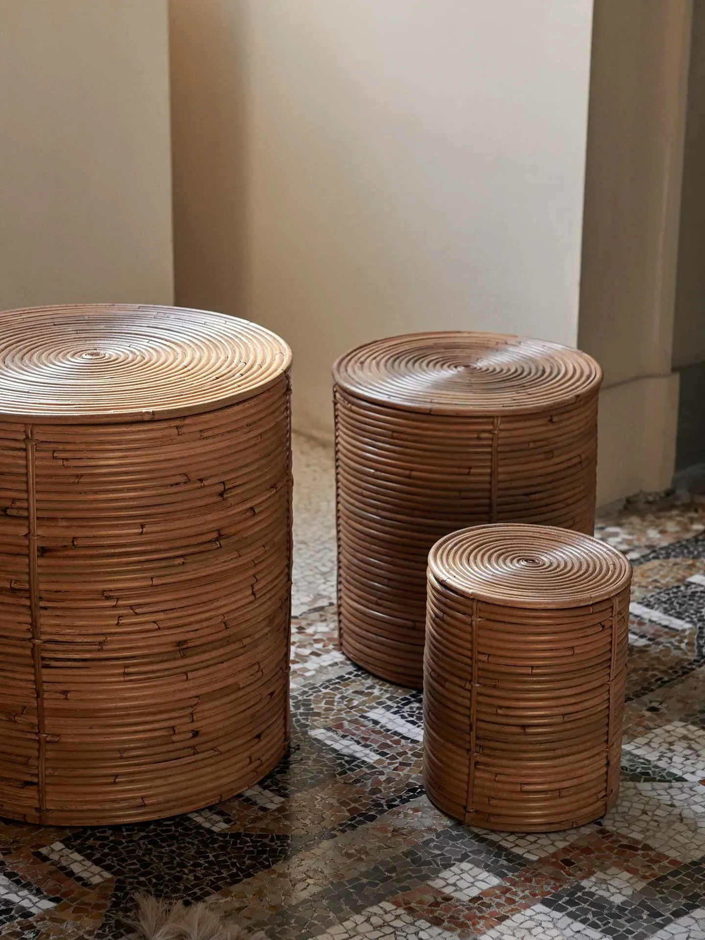 Column Storage Set of 3 with Lids - Natural, Rattan