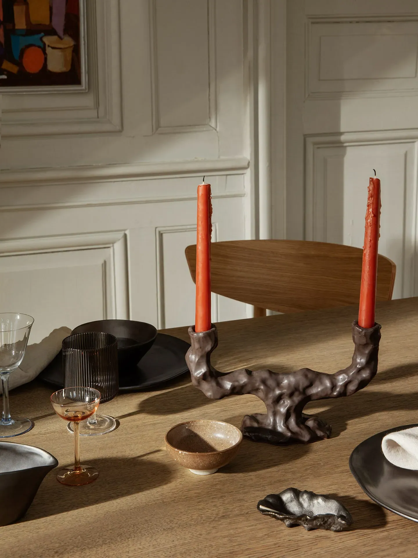 Dito Double Candle Holder - Dark Brown, Stoneware