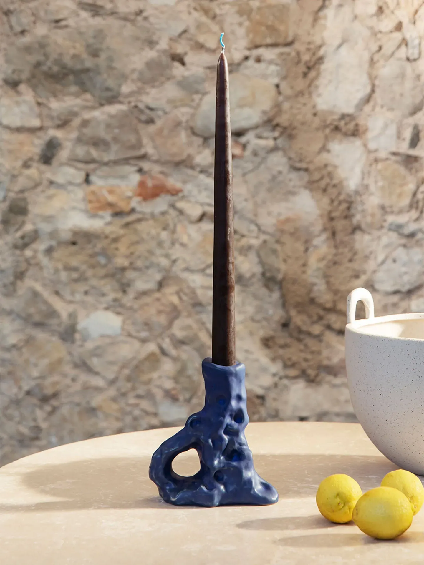 Dito Single Candle Holder - Bright Blue, Stoneware