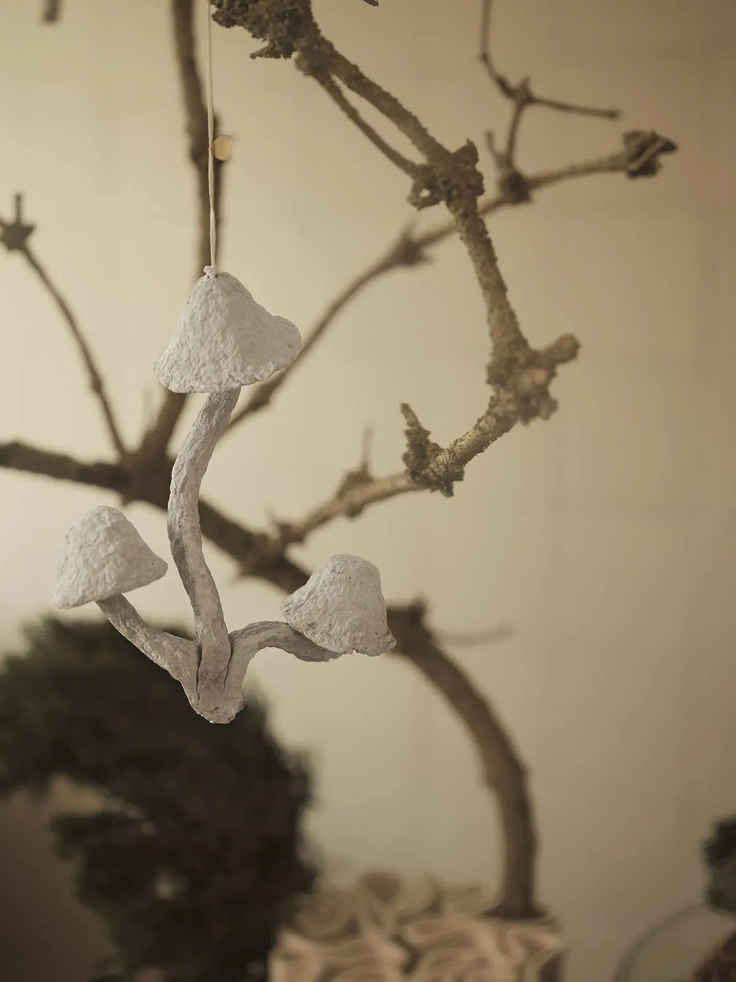 Mushroom Ornament 3 Caps - Faded White, Paper Mâché