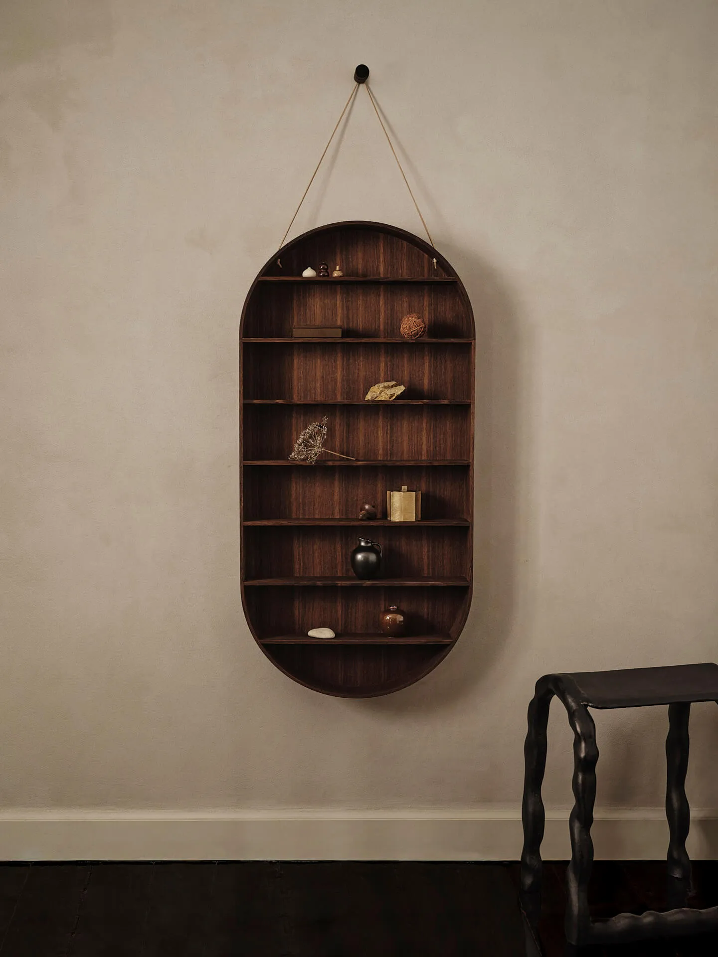 Oval Dorm Oval Wall Shelf with Hook - Smoked Oak