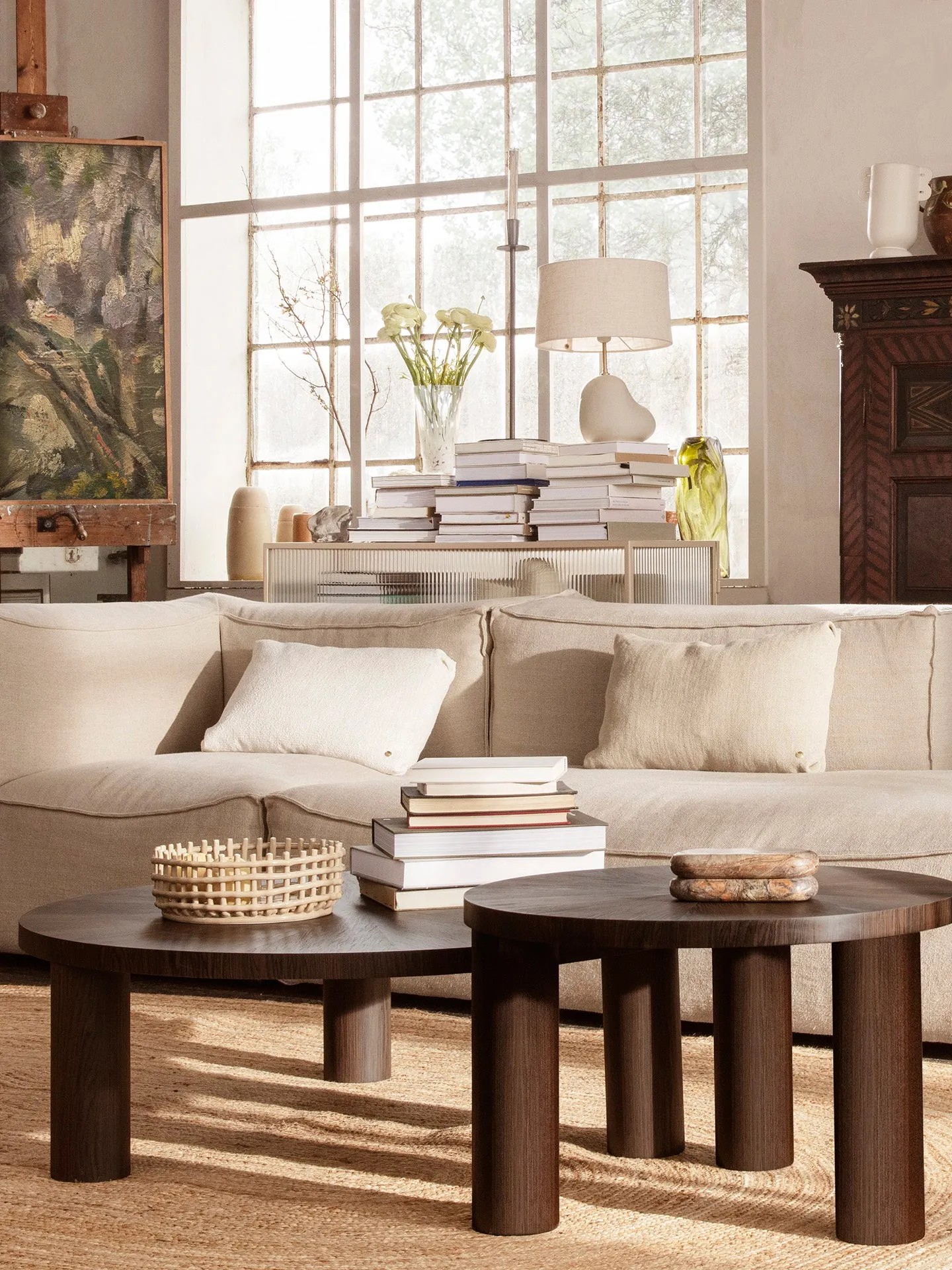 Post Large Round Coffee Table - Oak Veneer