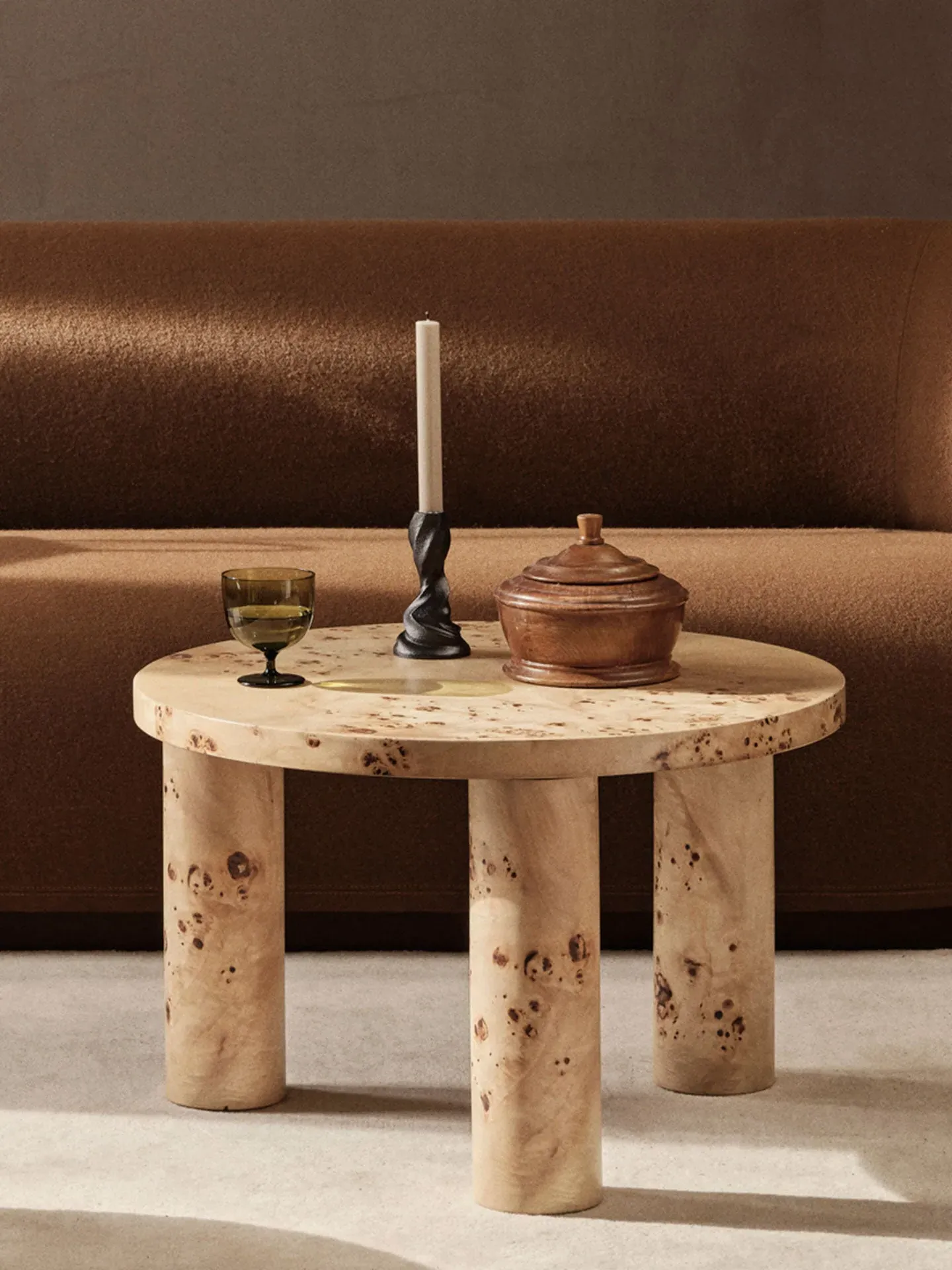 Post Small Round Coffee Table - Poplar Burl Veneer