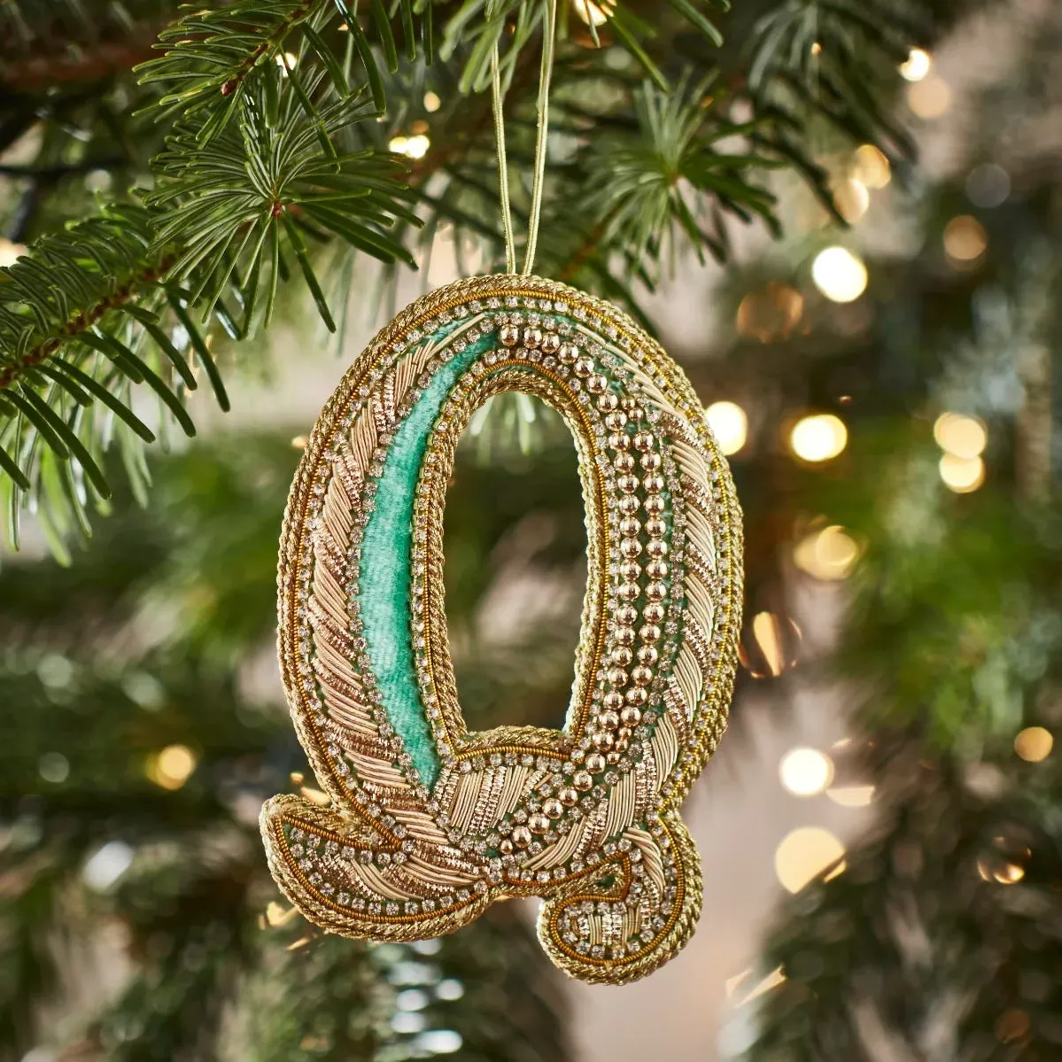 Fortnum's Embroidered Alphabet Christmas Decoration Q - Eau de Nil by Fortnum & Mason