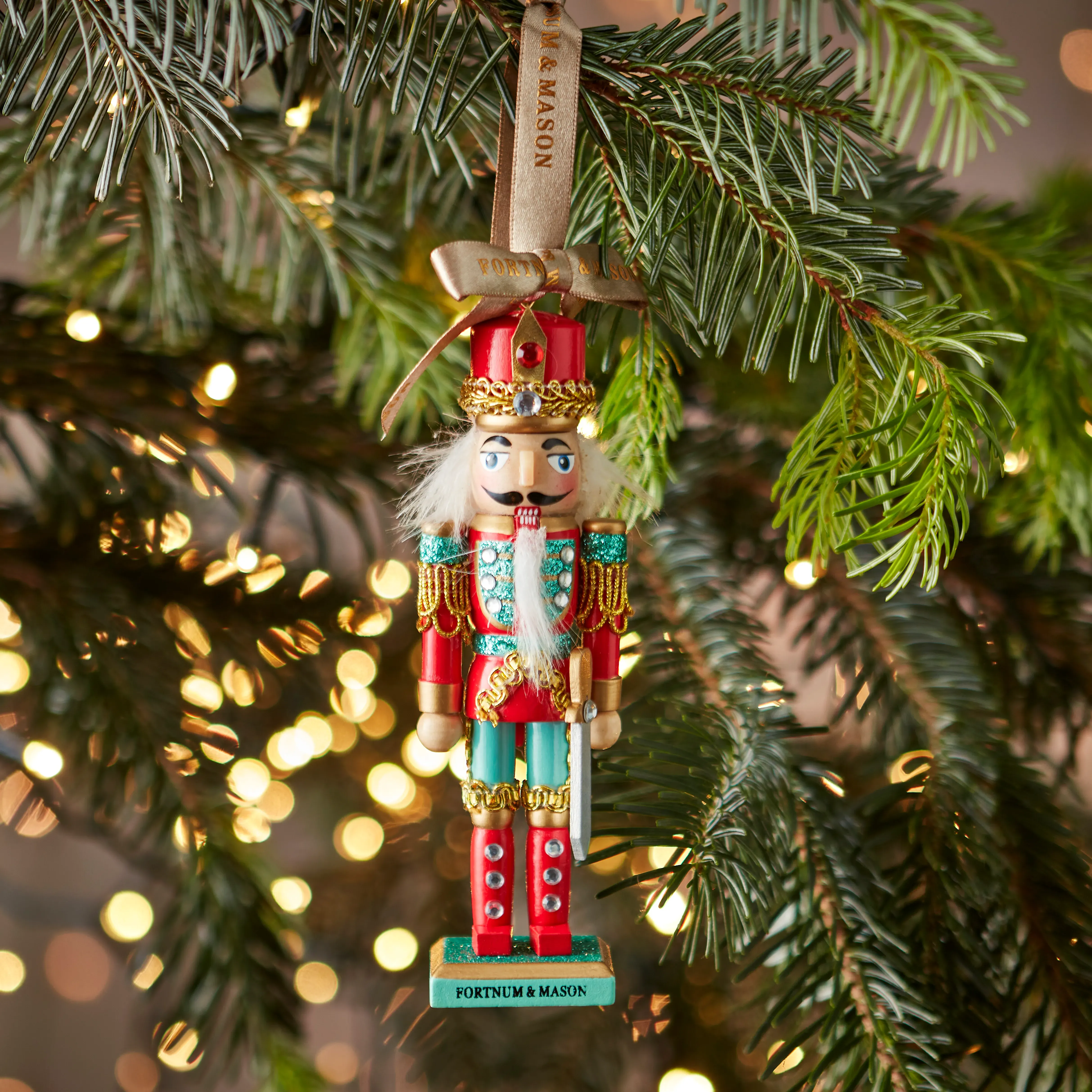 Nutcracker Tree Decoration - Green, Red & Gold, Wood by Fortnum & Mason