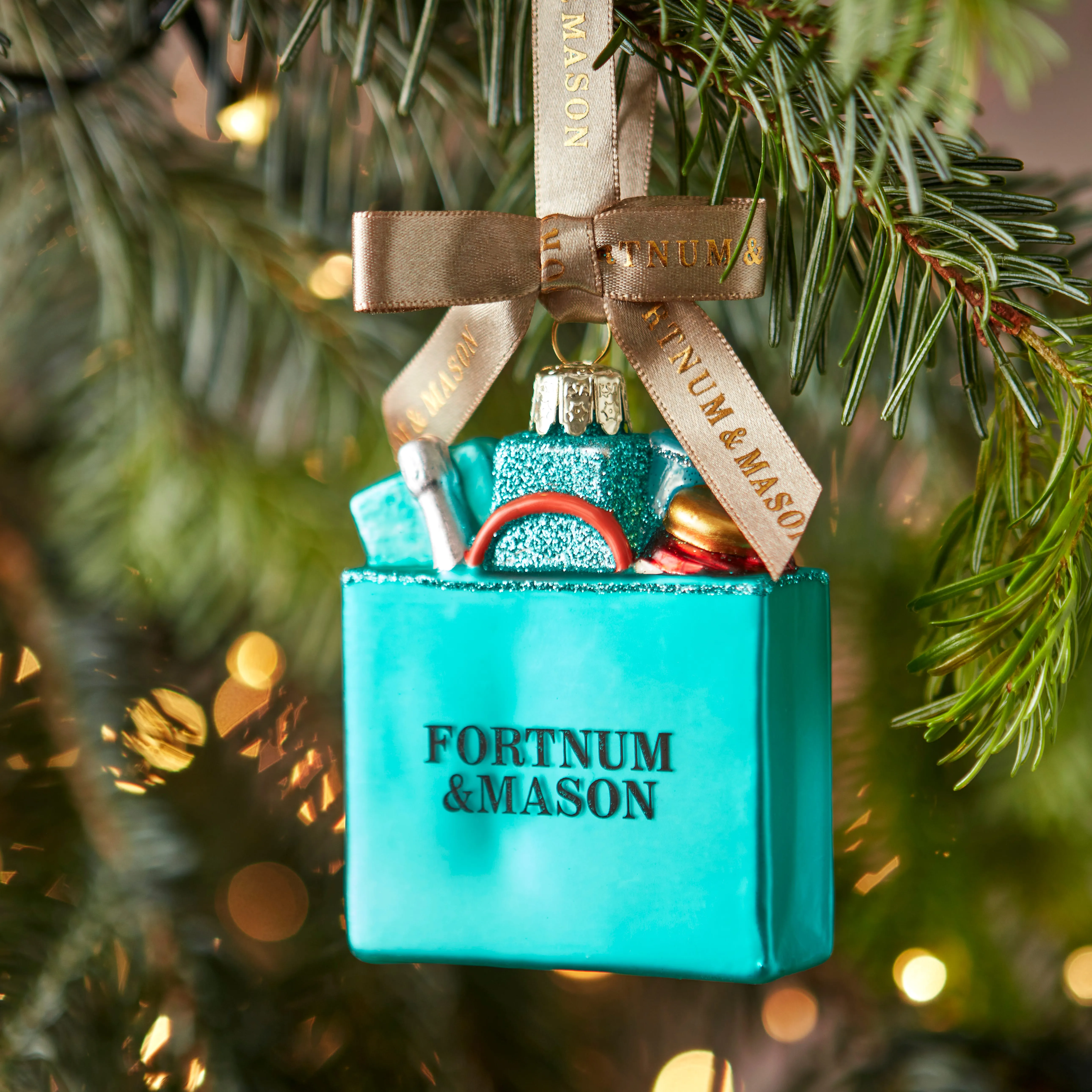 Shopping Bag Christmas Tree Decoration - Eau de Nil, Glass by Fortnum & Mason