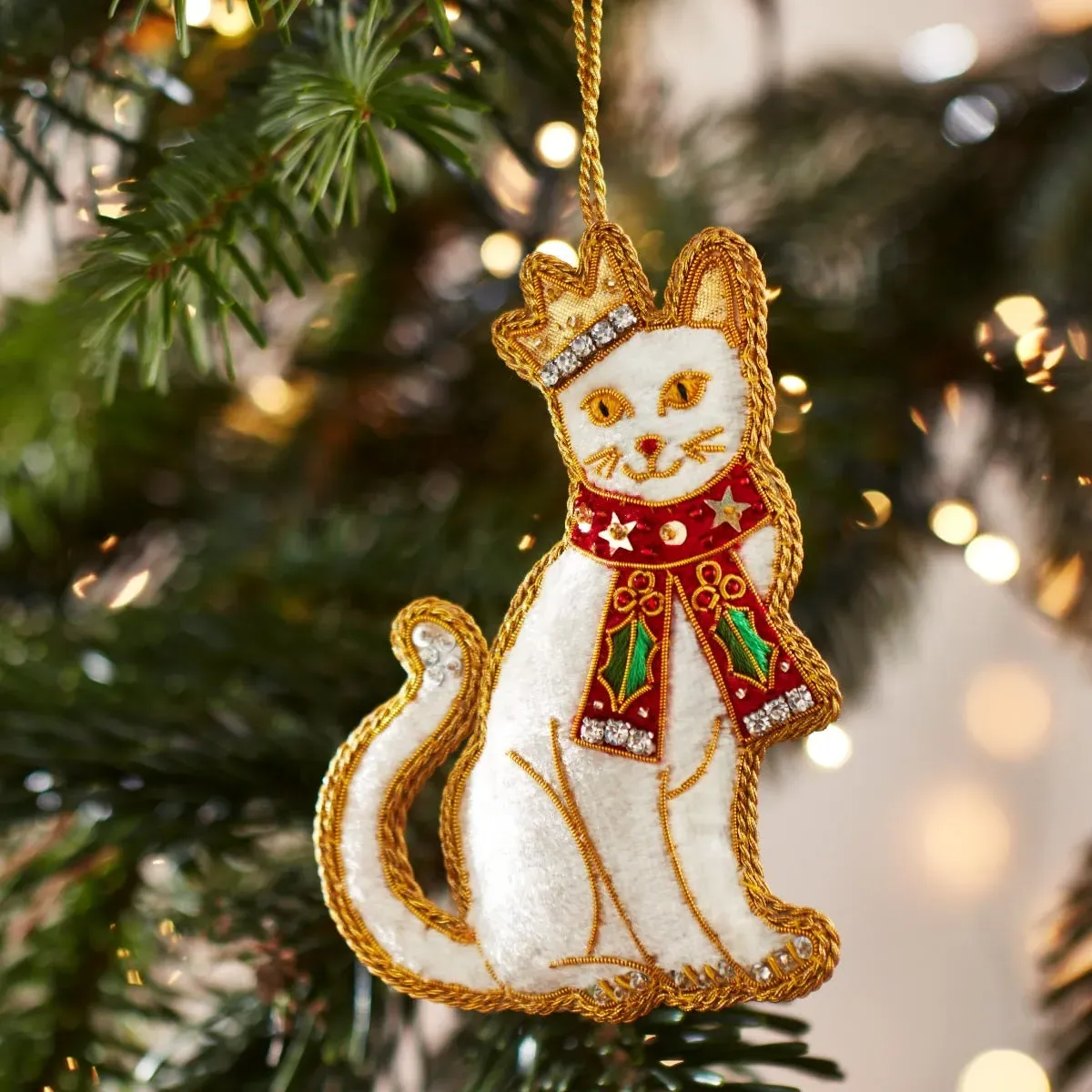 Cat Embroidered Christmas Tree Decoration - White product