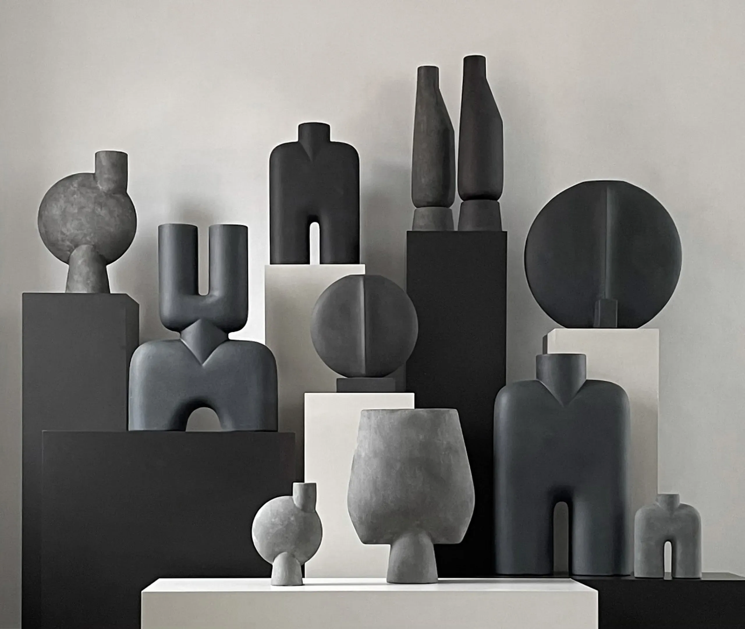Hexa Double Vase - Black, Glazed Ceramic