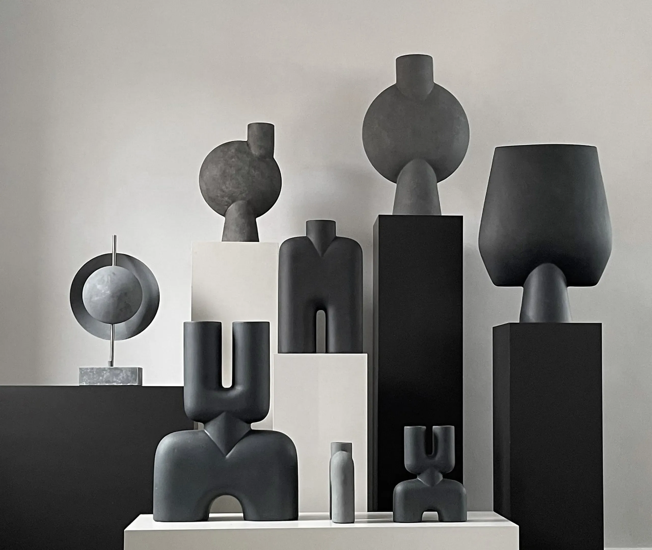 Large Square Vase with Sculptural Design - Coffee, Ceramic