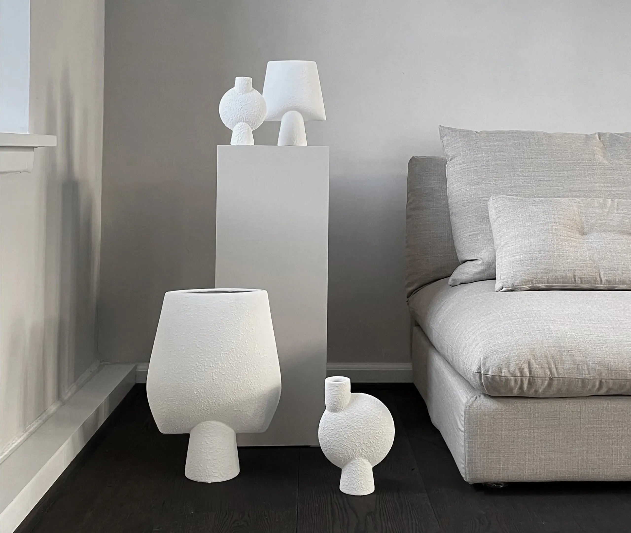 Large Square Vase with Sculptural Design - White, Ceramic