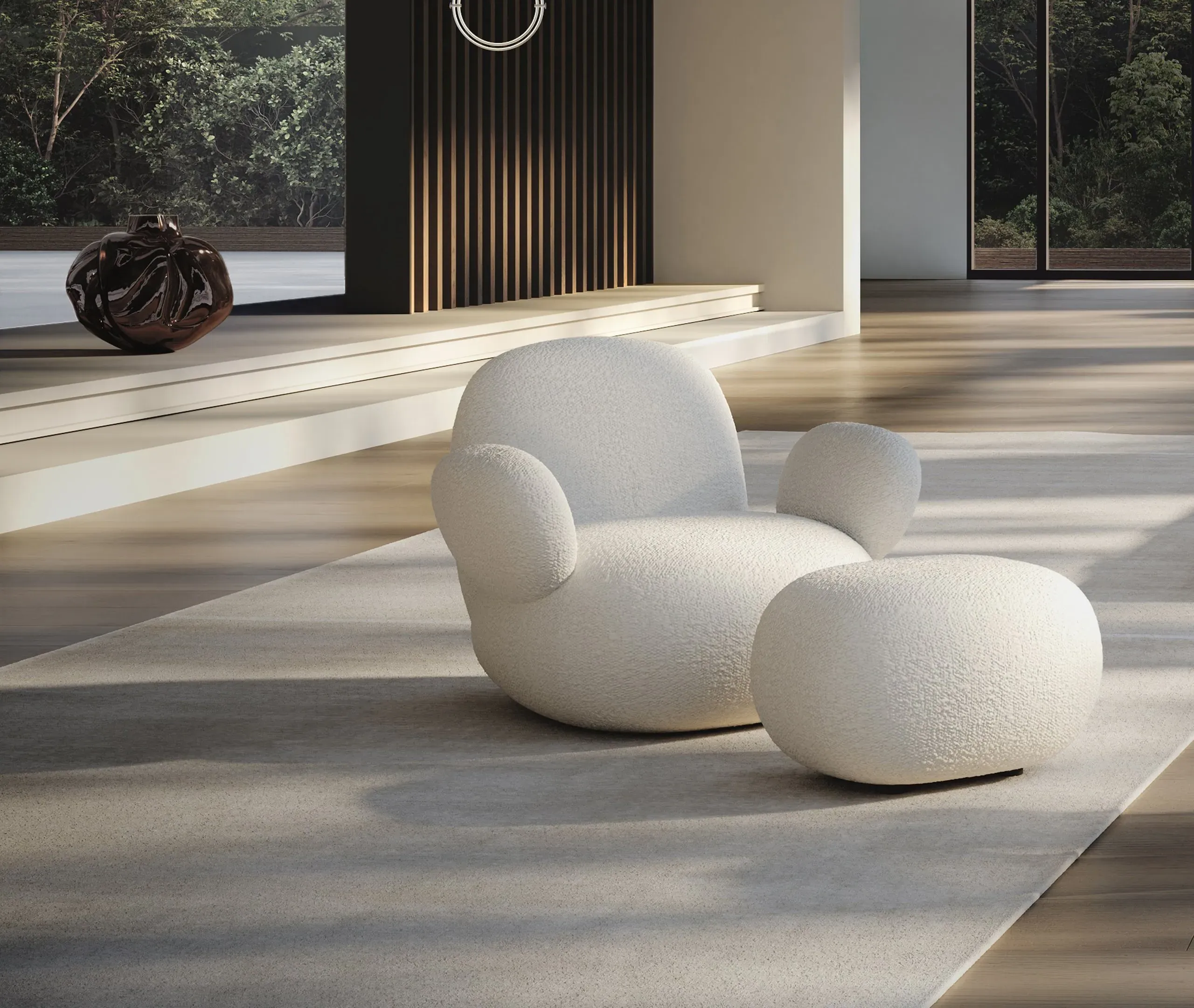 Oval Ottoman with Foam Cushioning - Off White, Bouclé