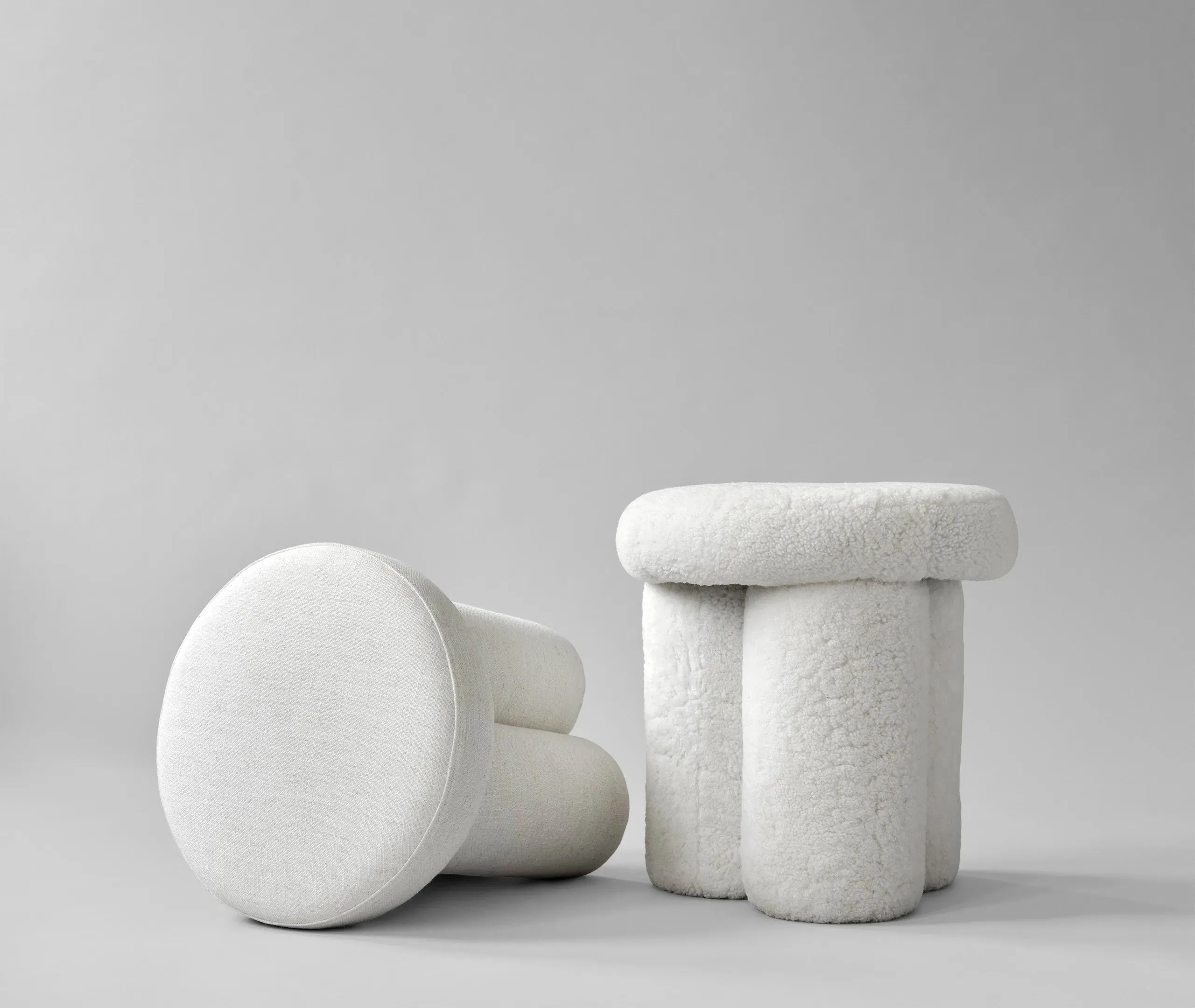 Round Stool with Circular Legs - White, Linen