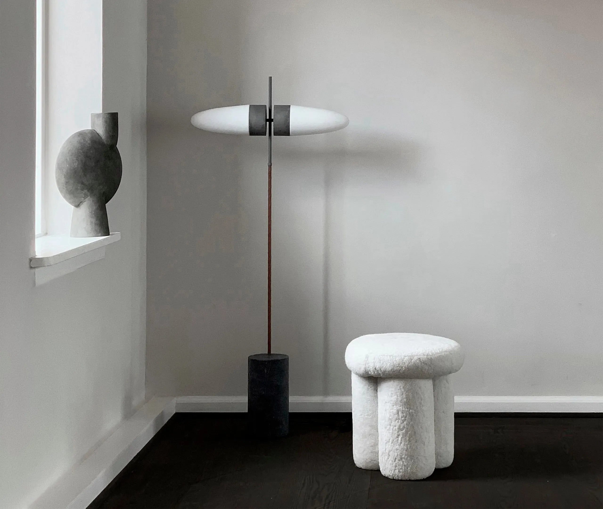 Round Stool with Circular Legs - White, Sheepskin